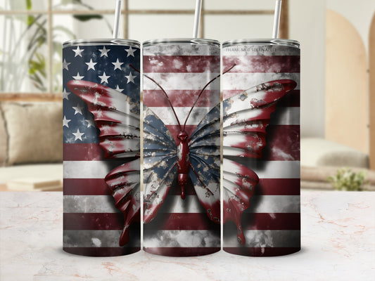 Butterfly with American flag wings and stars, on white desk.