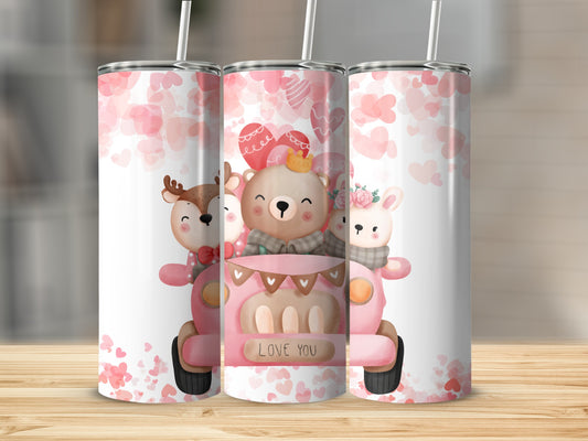 Cute Bear and Friends Love You Pink Tumbler