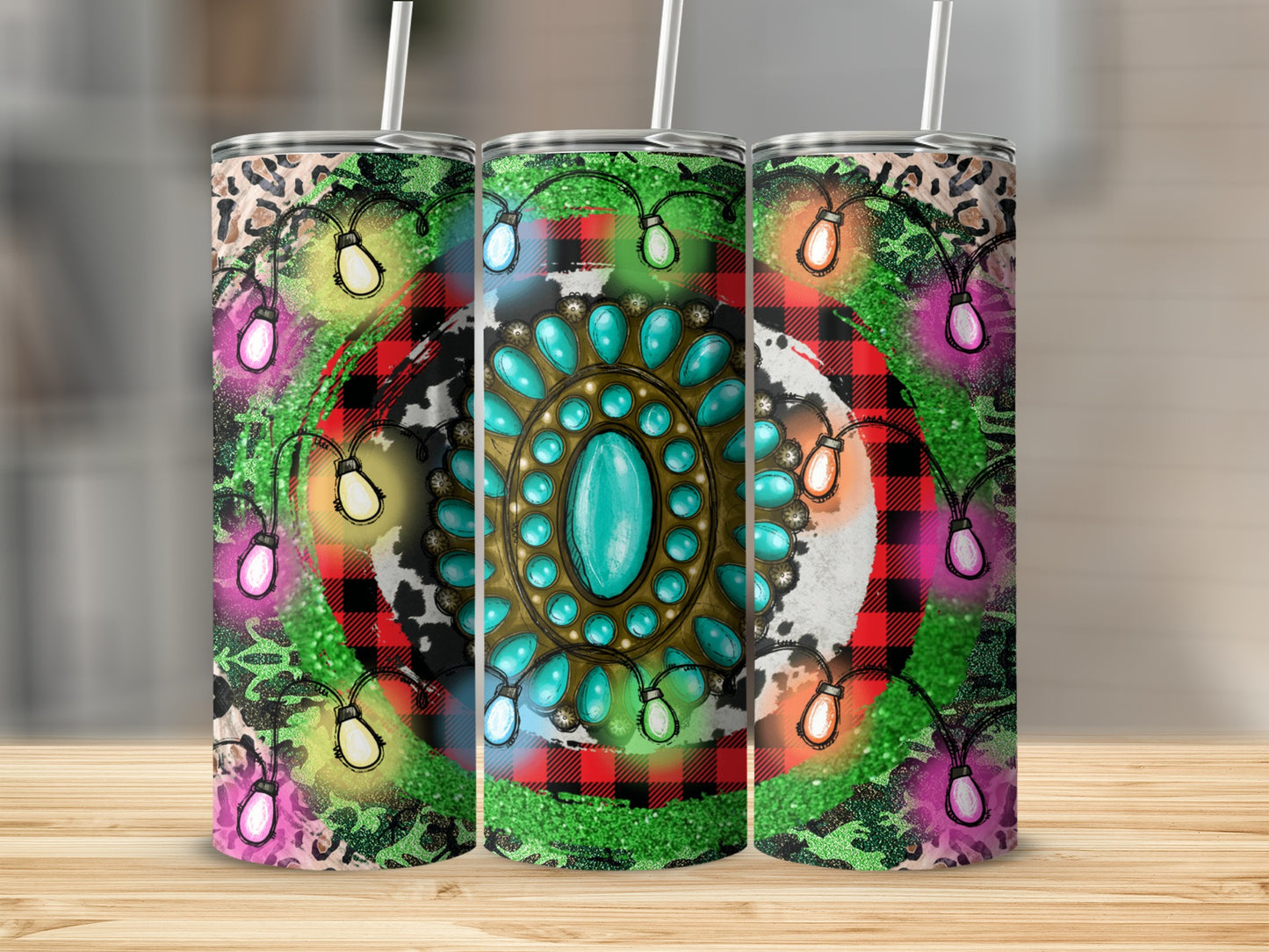 Christmas lights, turquoise stone, and plaid pattern on a skinny tumbler.
