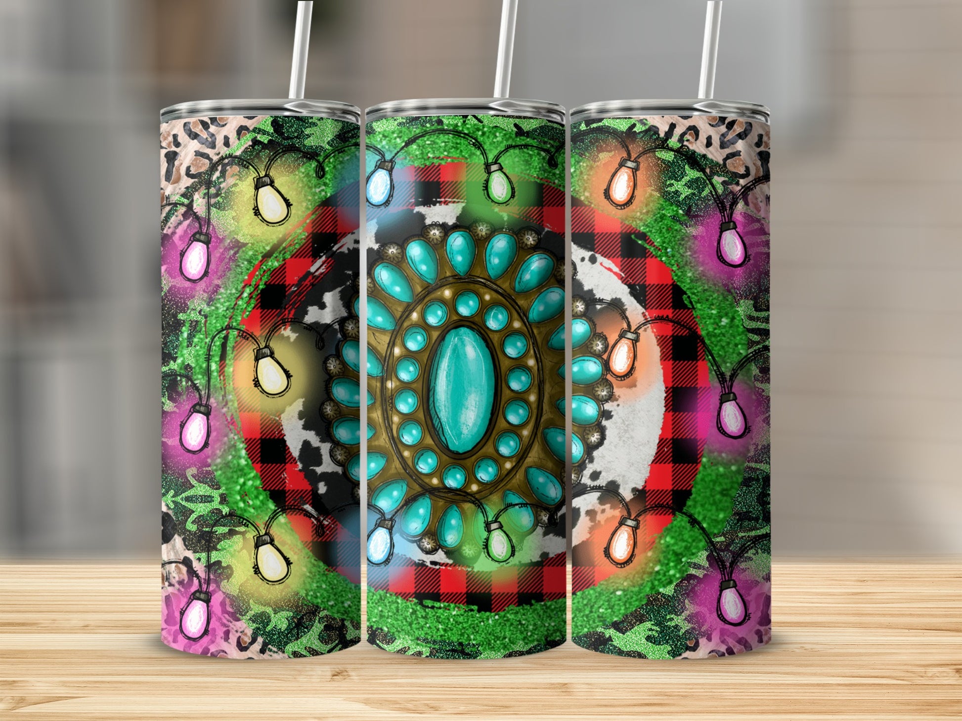 Christmas lights, turquoise stone, and plaid pattern on a skinny tumbler.
