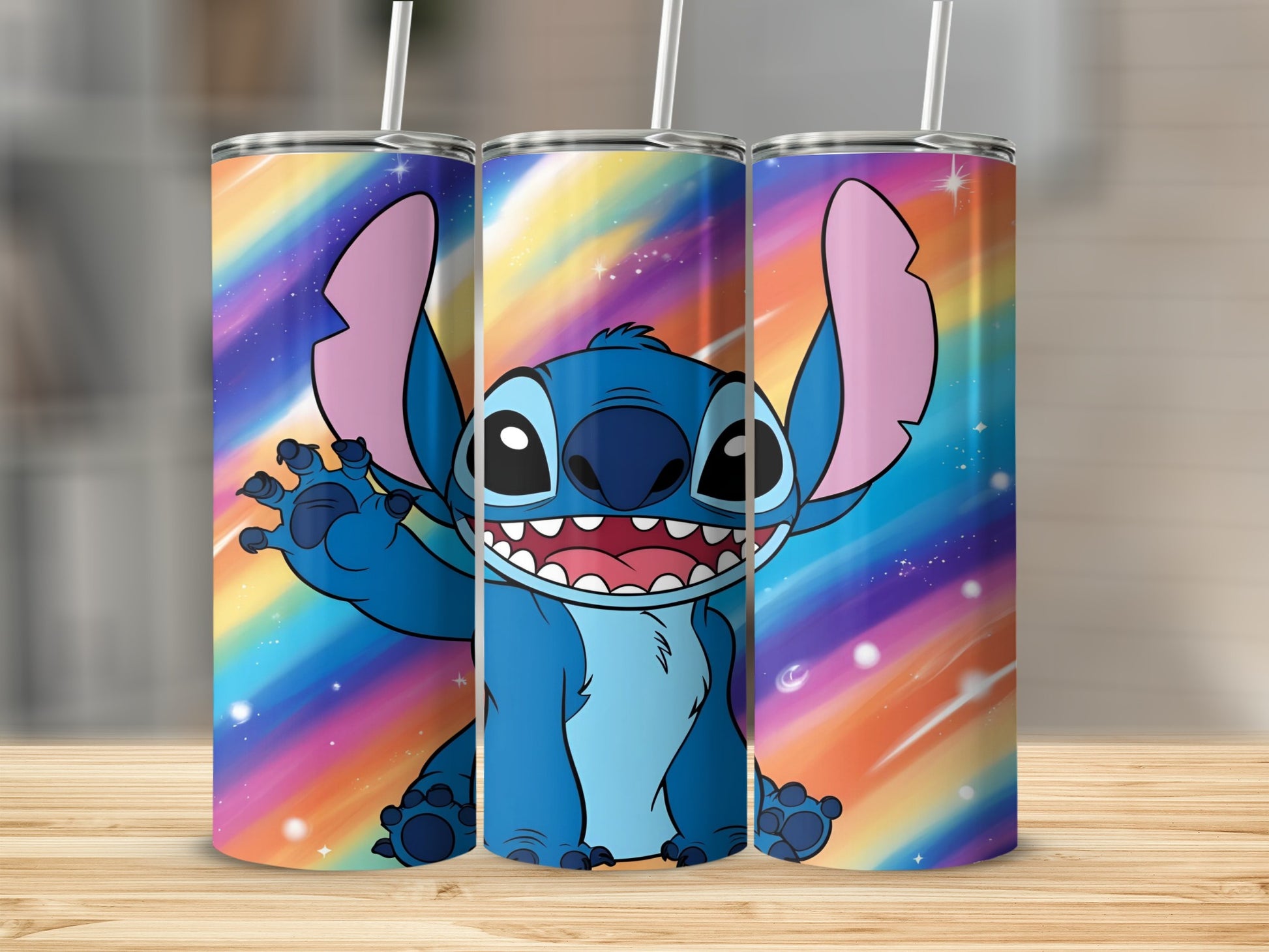 Blue Stitch character with wavy rainbow background on three tumblers.