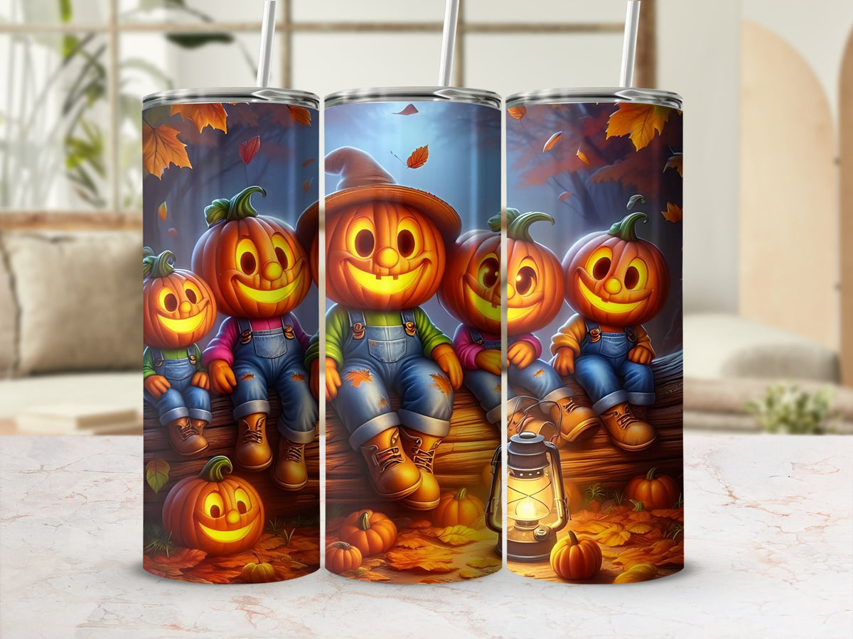 Five smiling jack-o'-lanterns sit on a log with pumpkins and a lantern.