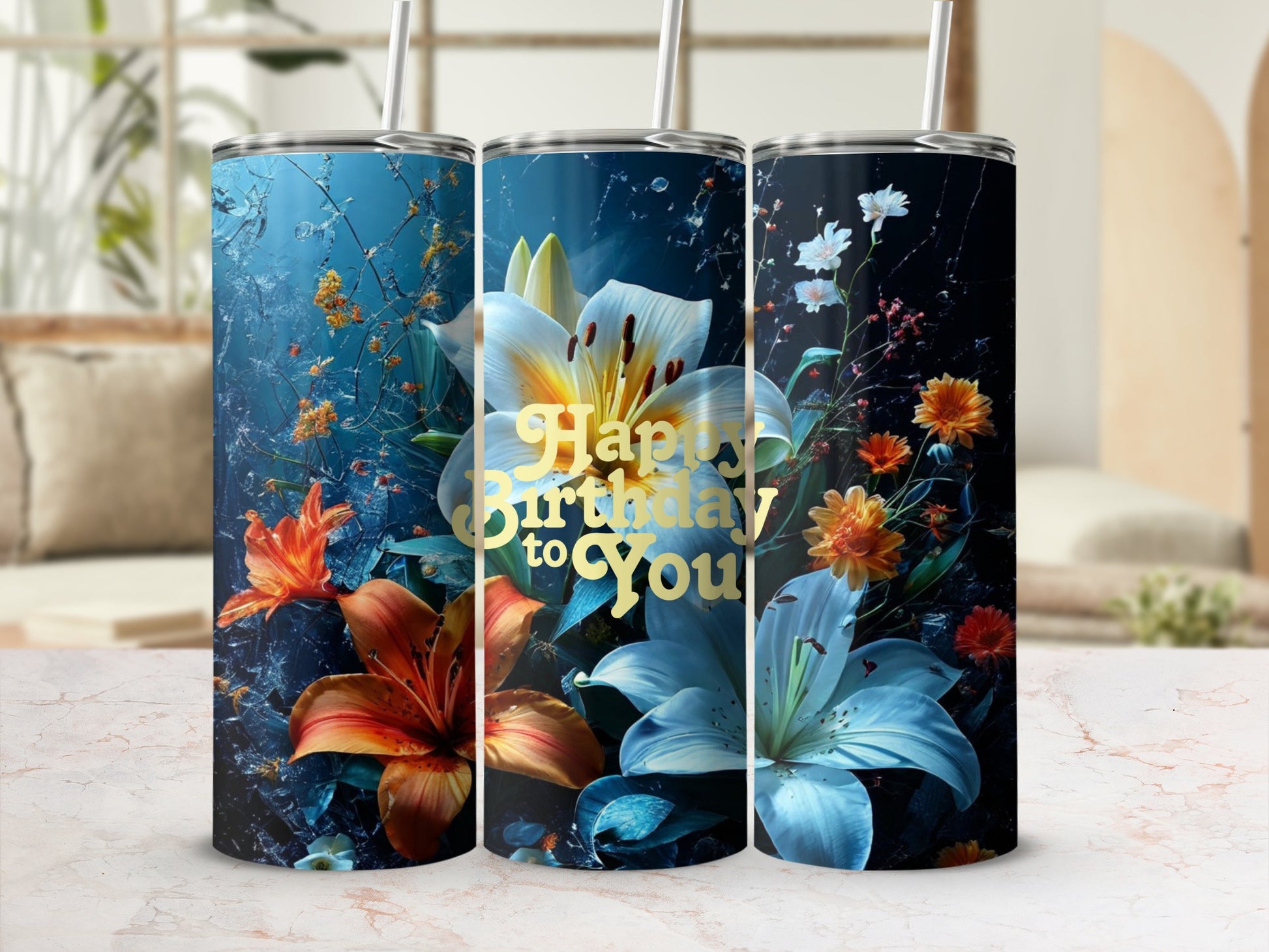 Tumbler with "Happy Birthday to You" text and floral designs.