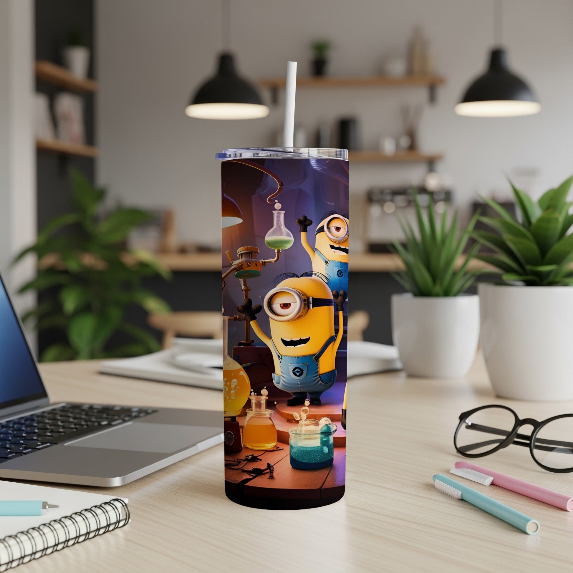 Minions in lab coats with beakers and test tubes on a tumbler.