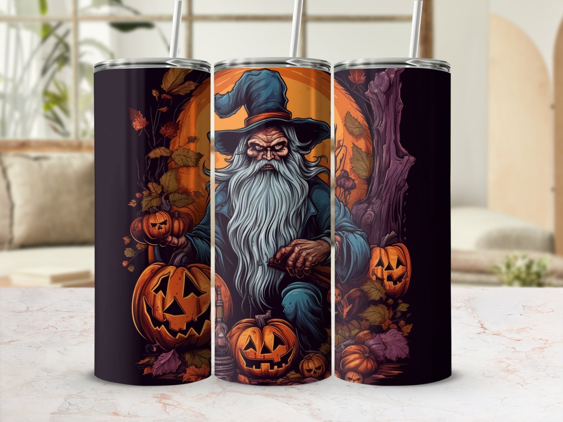 Vintage Halloween Wizard with Pumpkins Tumbler Cup Product
