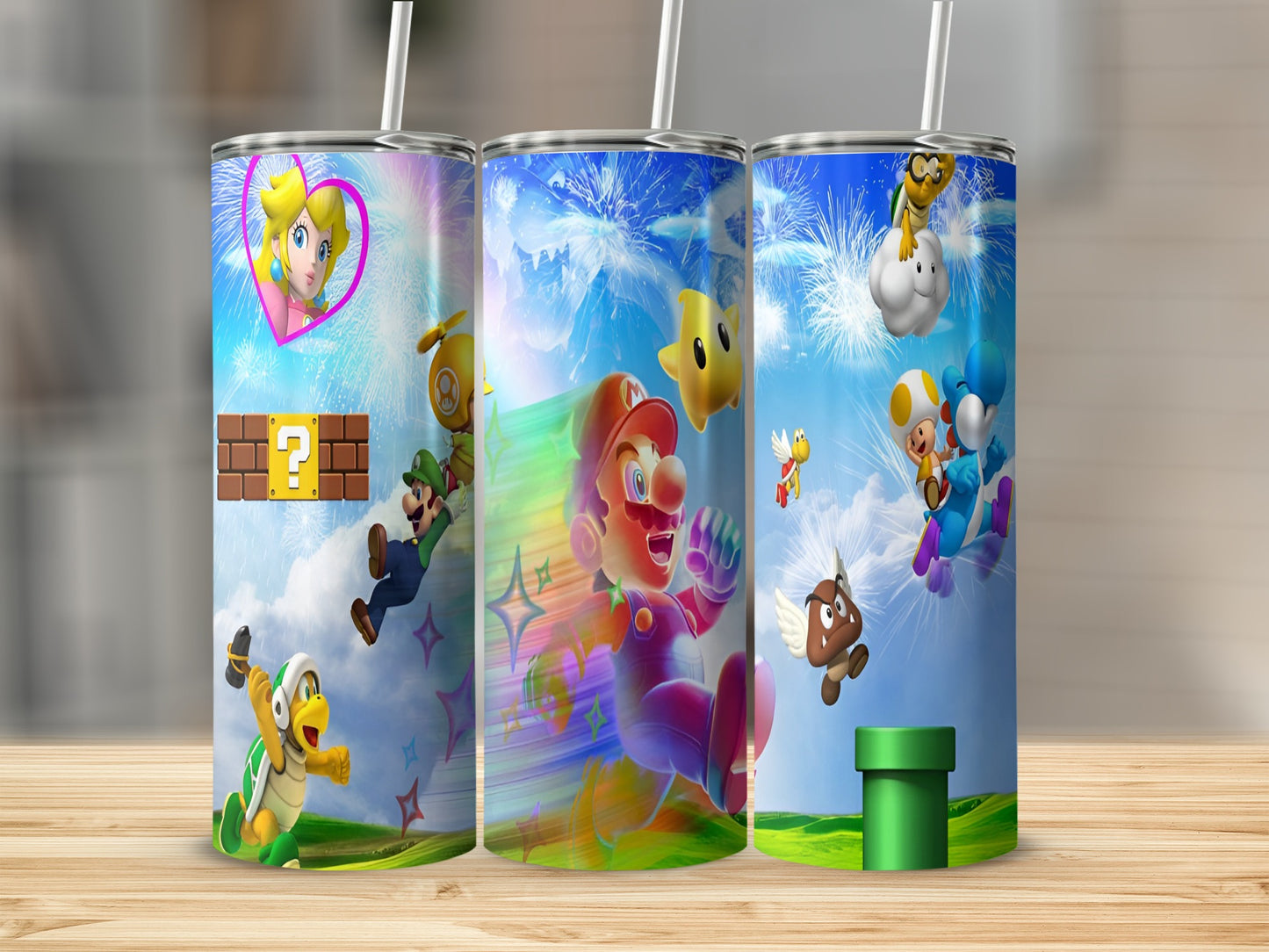 Mario characters on a colorful tumbler with fireworks and game elements.