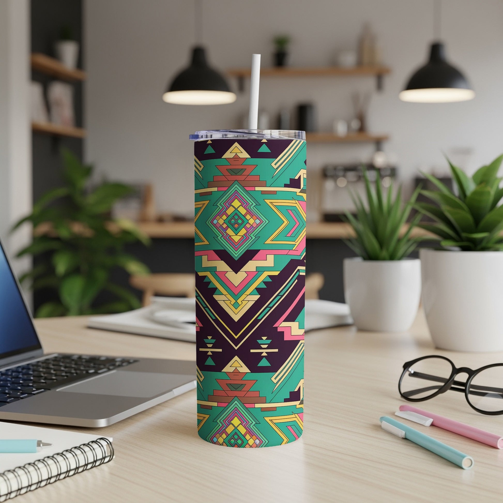 Tumbler with a geometric, Southwestern-inspired pattern.