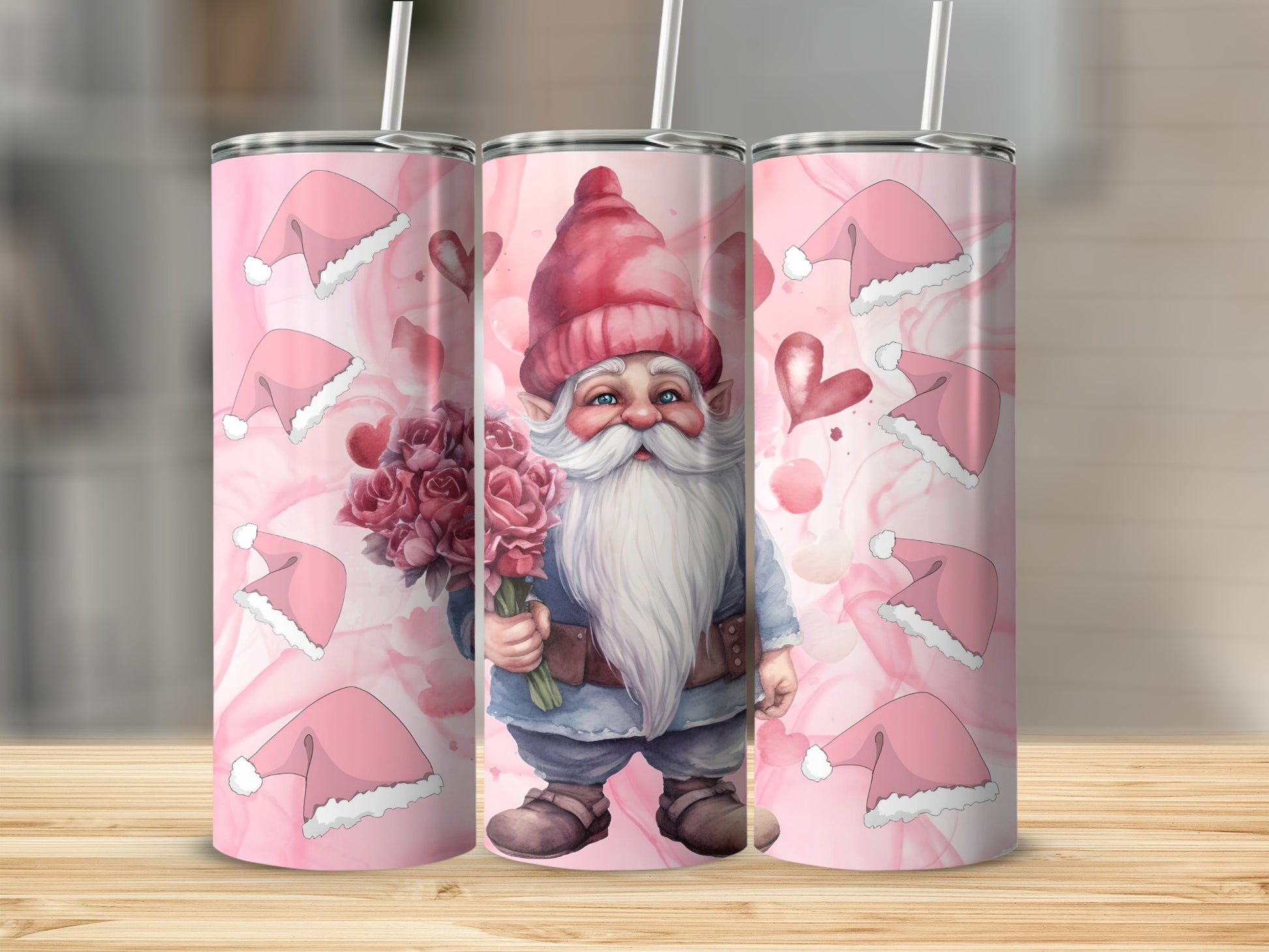 Pink Valentine's Gnome Theme Tumbler with Straw