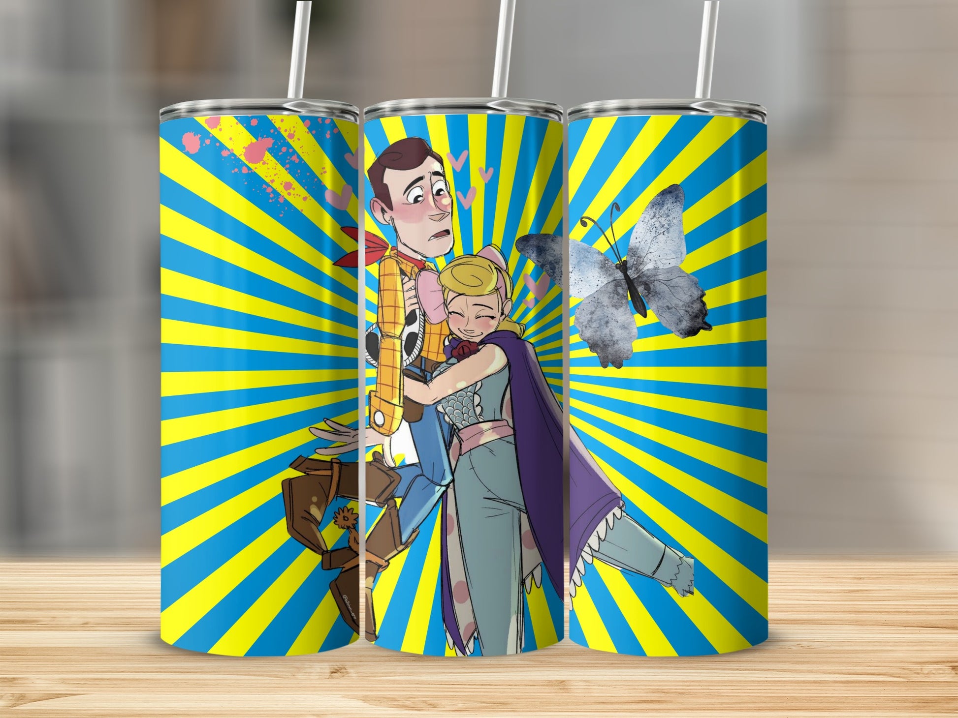 Animated Character Hug with Butterfly Design Tumbler