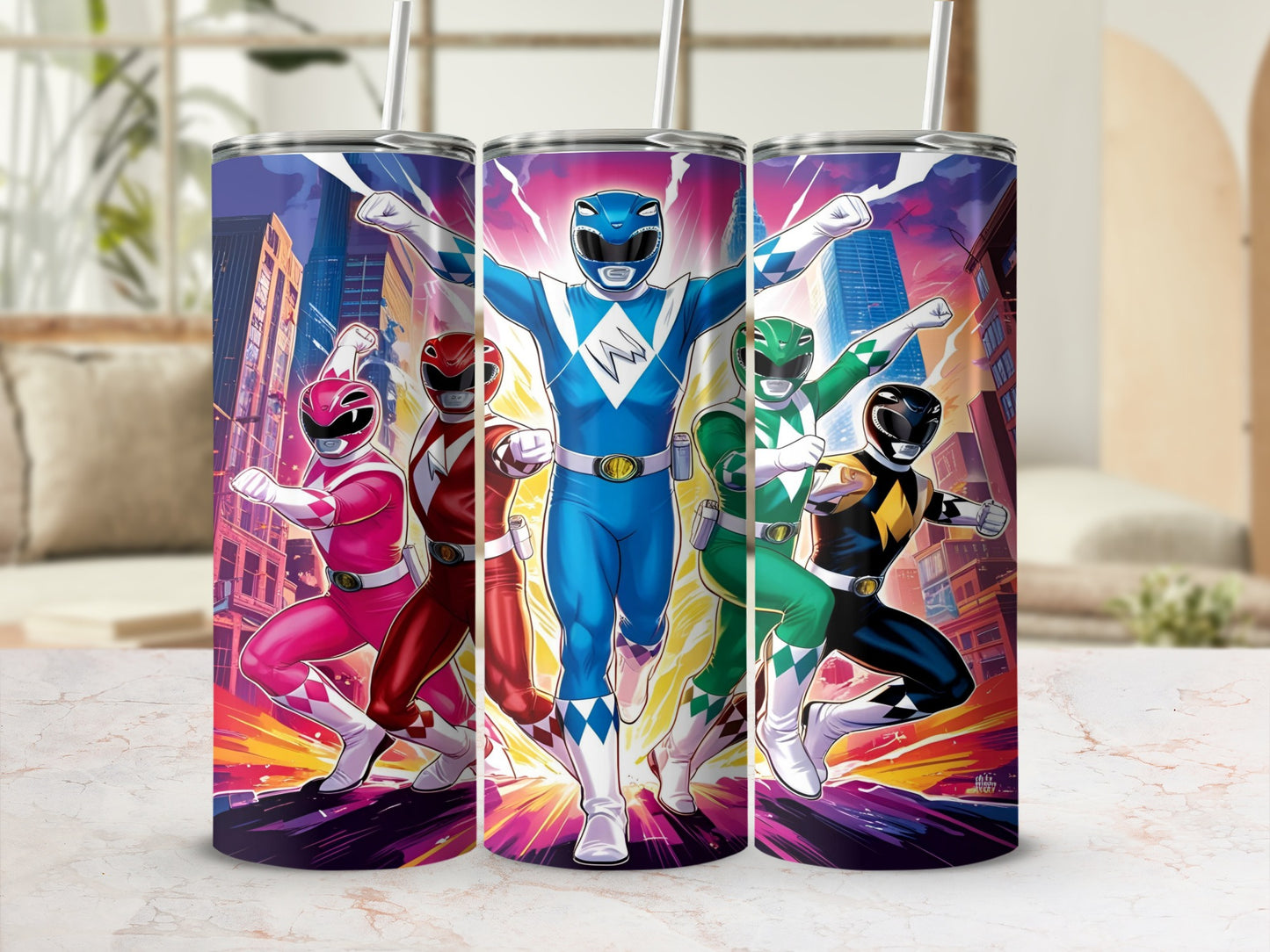 Power Rangers in colorful costumes standing in a city.