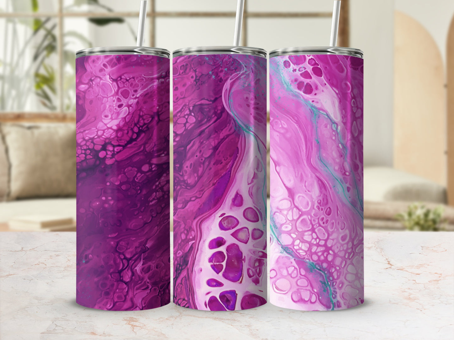 Three tumblers with abstract purple, pink, and turquoise fluid art designs.