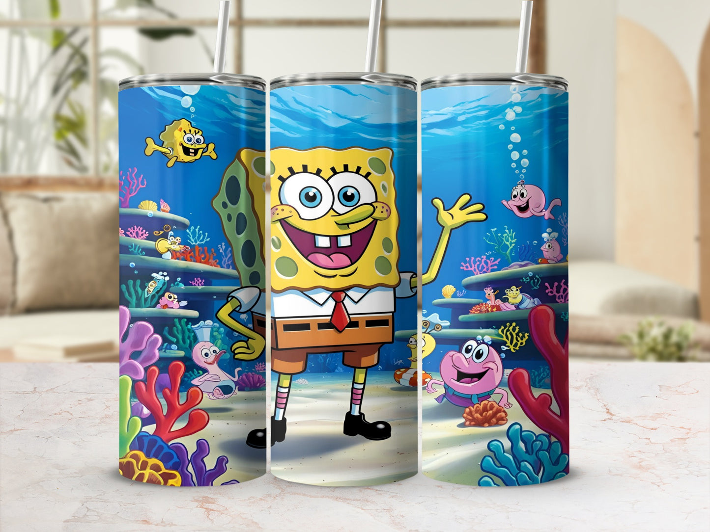 SpongeBob SquarePants character with coral and sea creatures underwater
