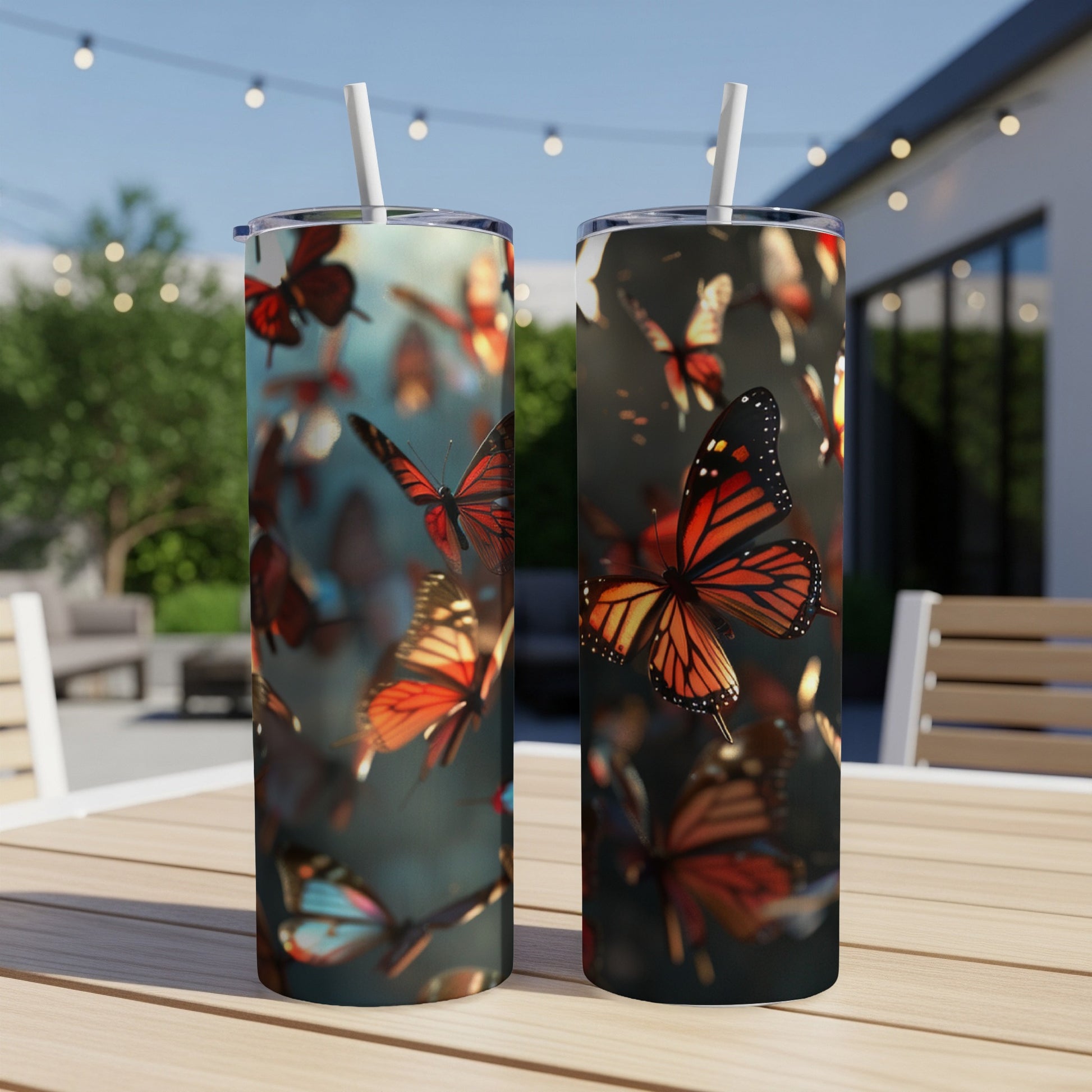 Two tumblers with orange and black butterflies, outdoors.
