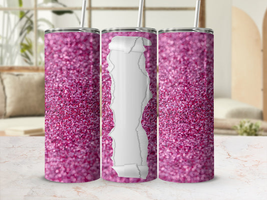 Pink glitter tumbler with torn paper effect and straw.