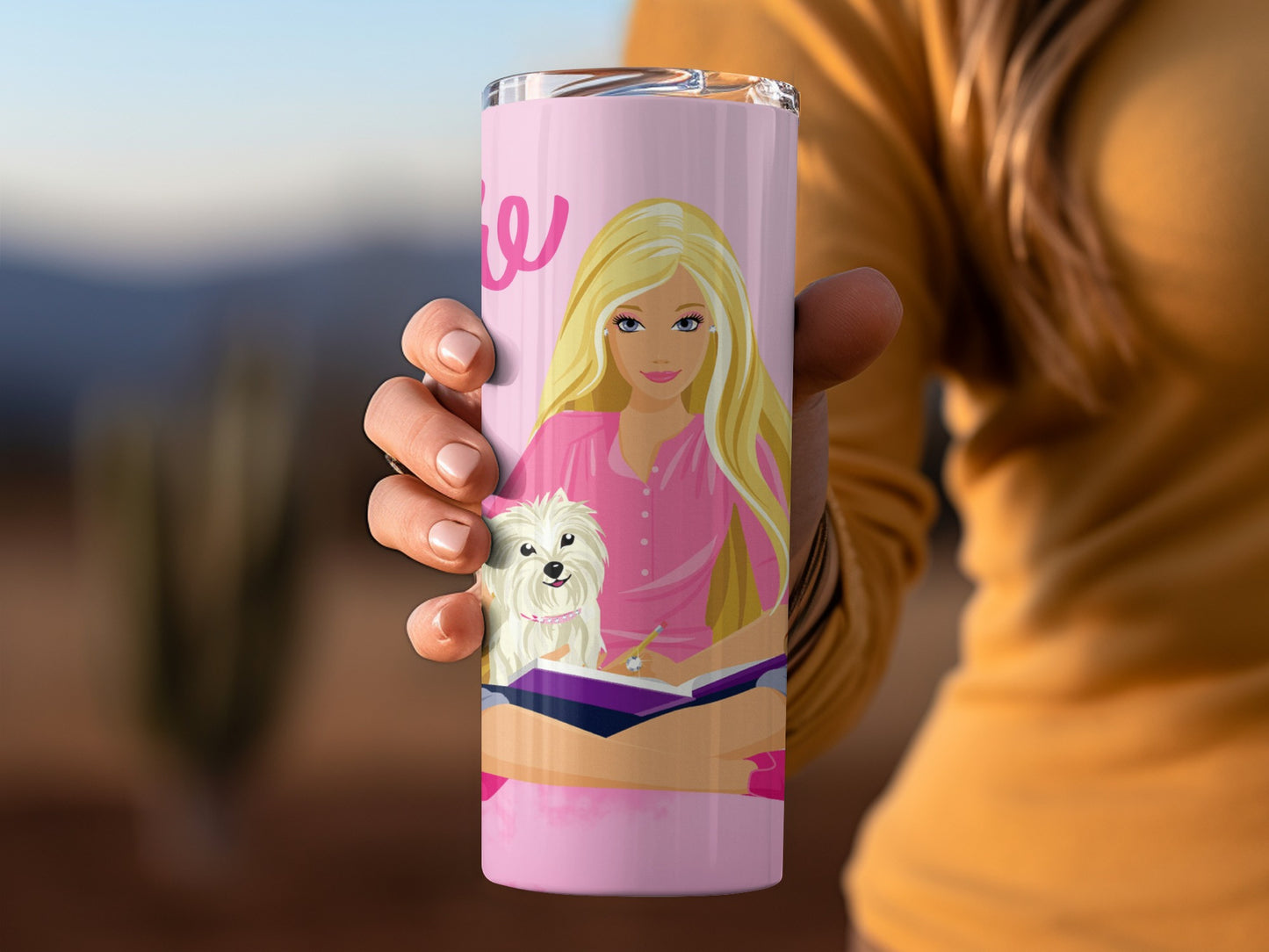 Blonde Girl with Cute Dog Design on Pink Tumbler