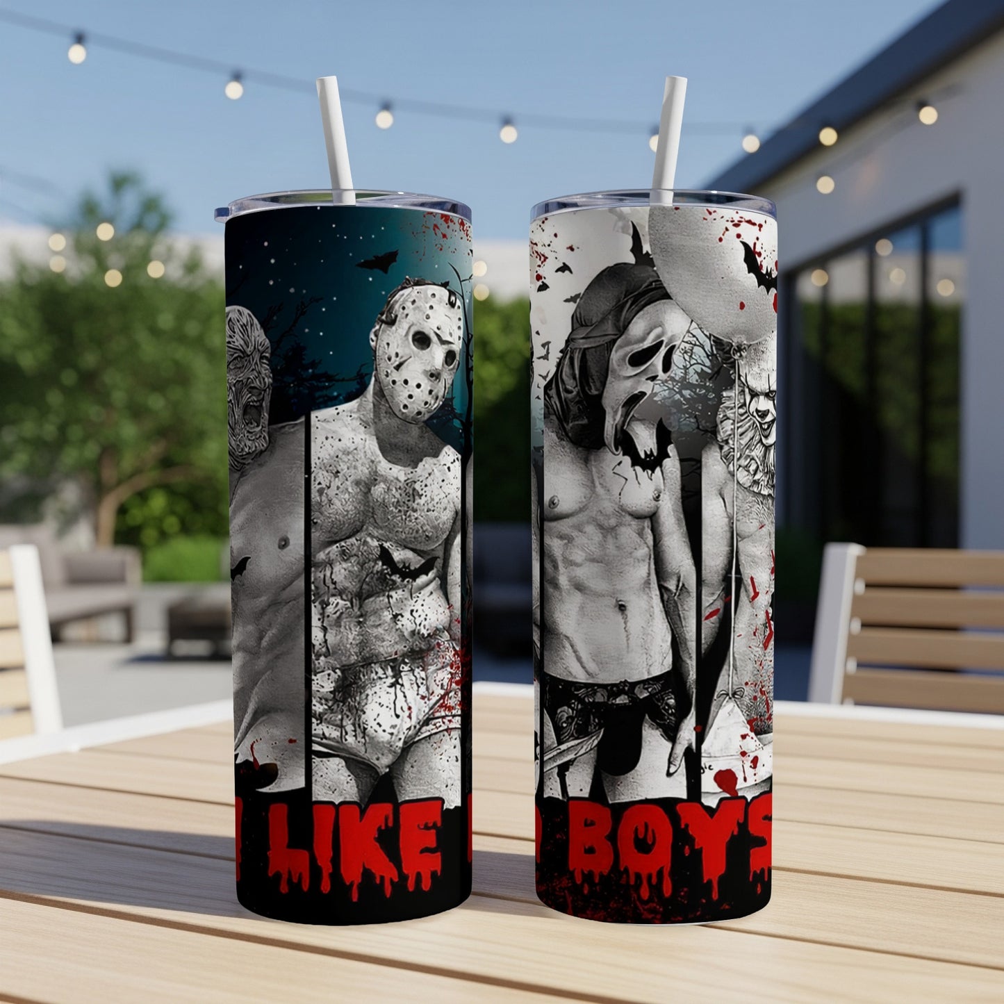 Two tumblers with horror movie characters and dripping red text reading "I LIKE BOYS".