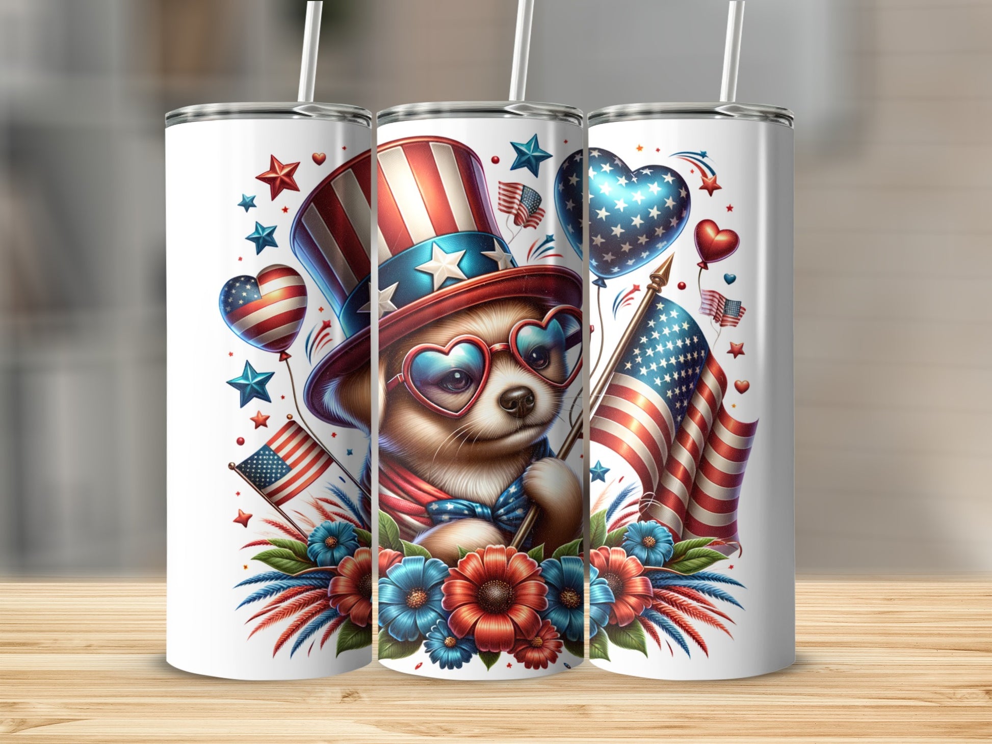 Chihuahua wearing patriotic hat and heart sunglasses, holding flag.