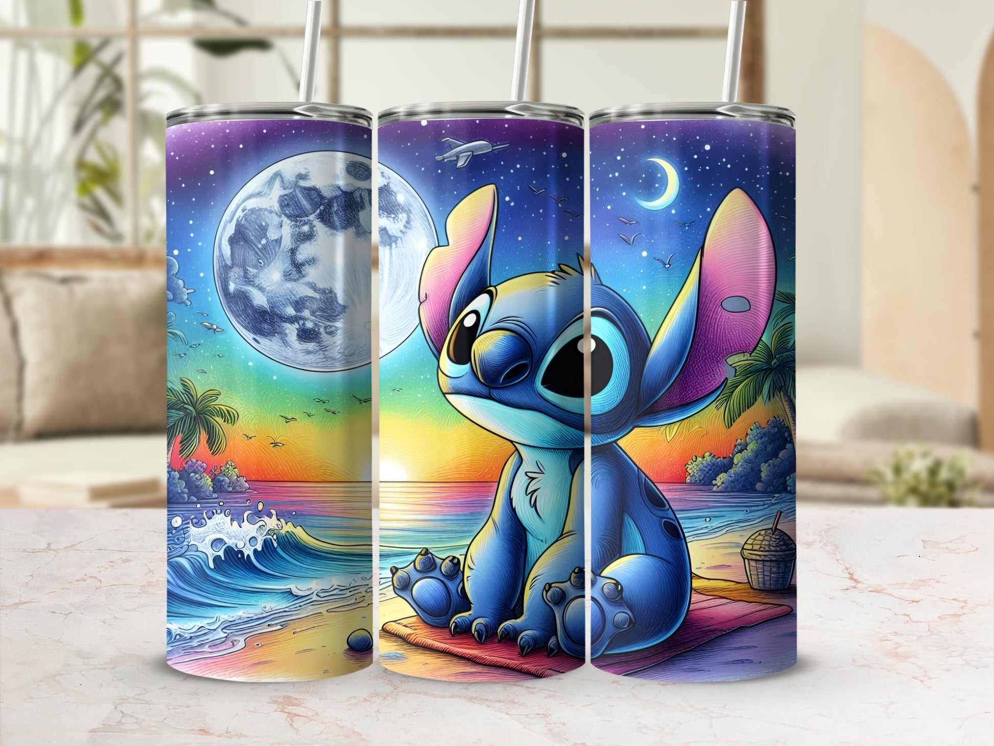 Stitch sitting on a beach at sunset with a full moon.