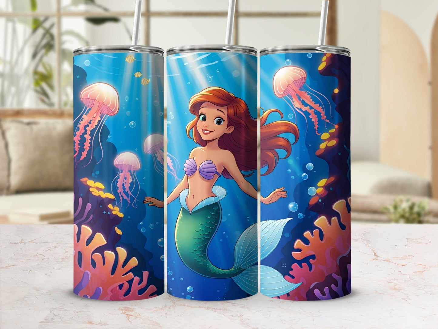 Mermaid with red hair and green tail swimming among jellyfish and coral.