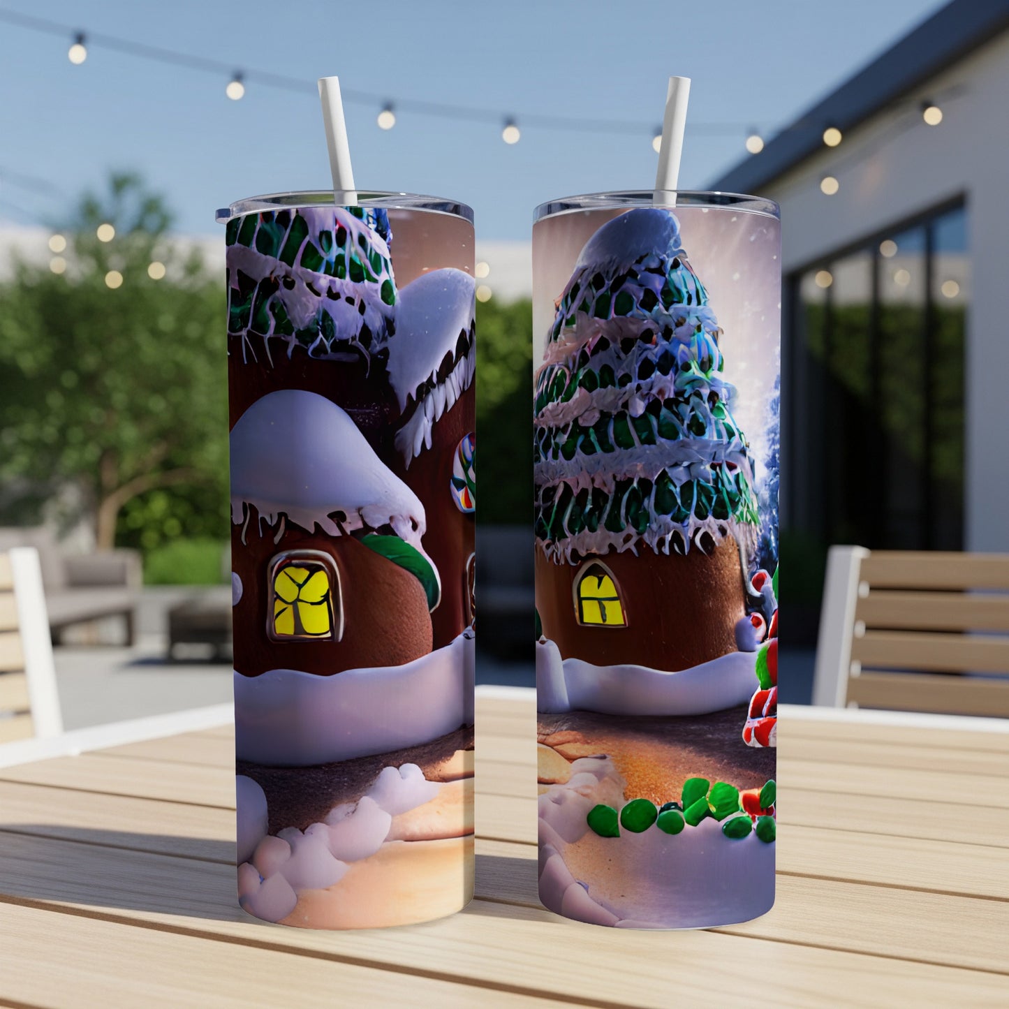 Two insulated tumblers with gingerbread house and Christmas tree designs.