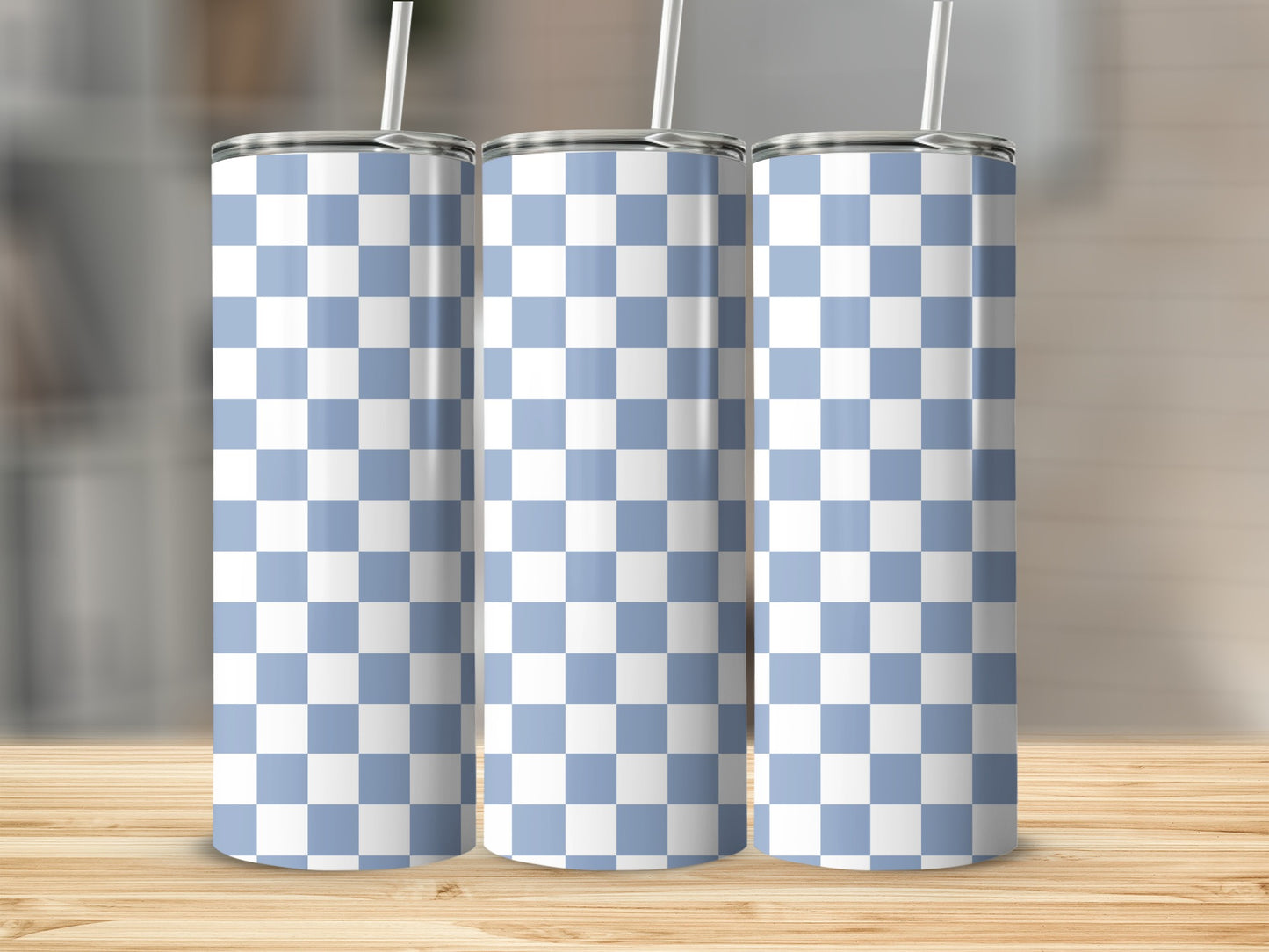 Three tall tumblers with a light blue and white checkered pattern.