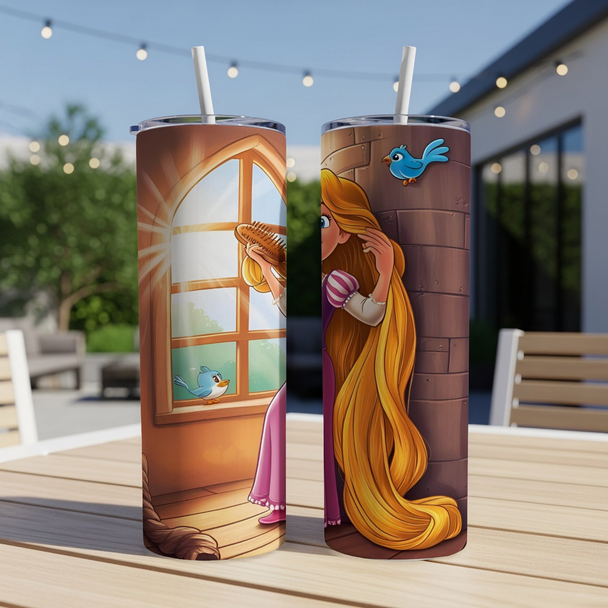 Rapunzel with long blonde hair holding a frying pan, bluebird at window.