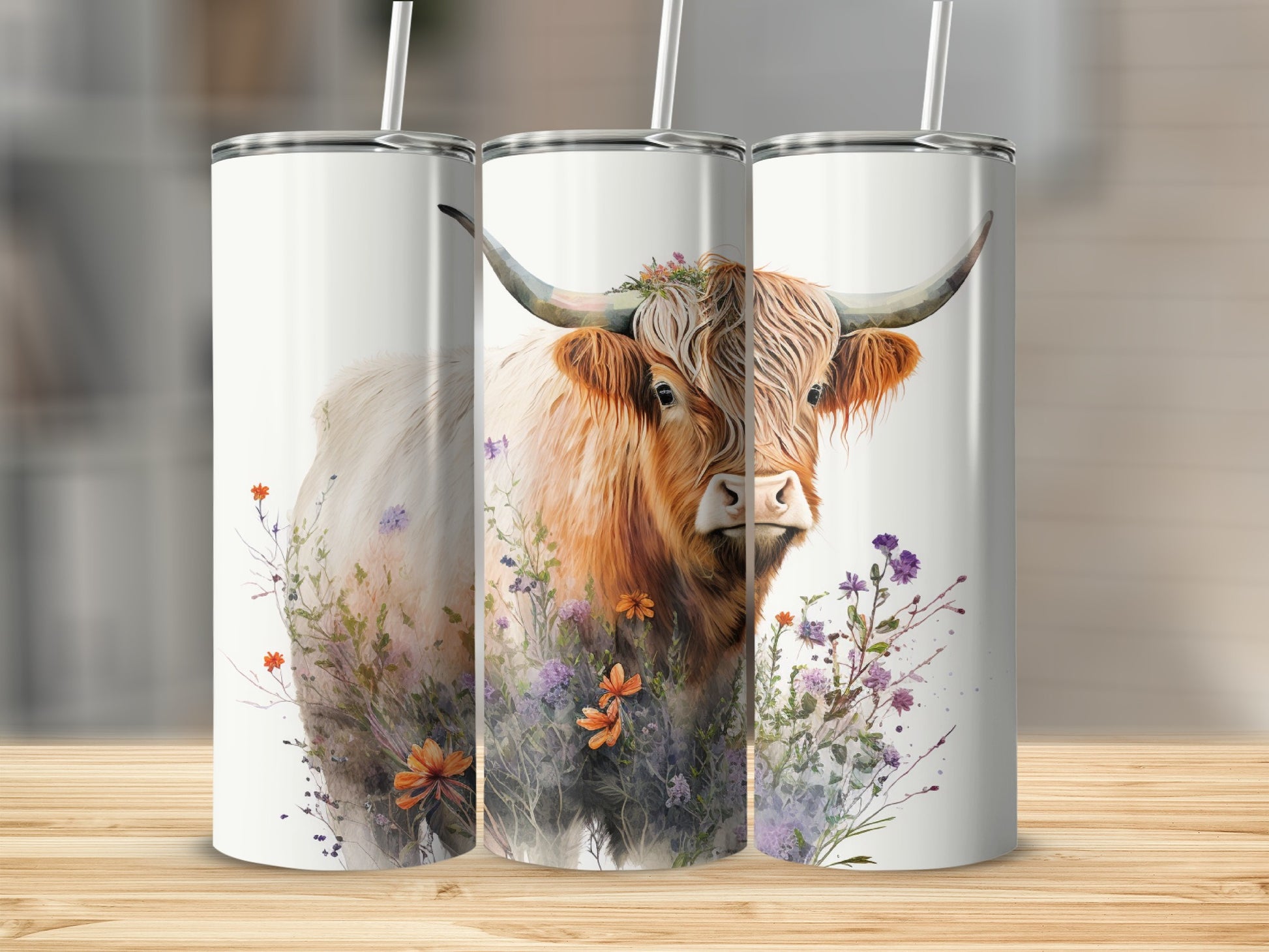 Highland cow illustration with wildflowers on a white tumbler.