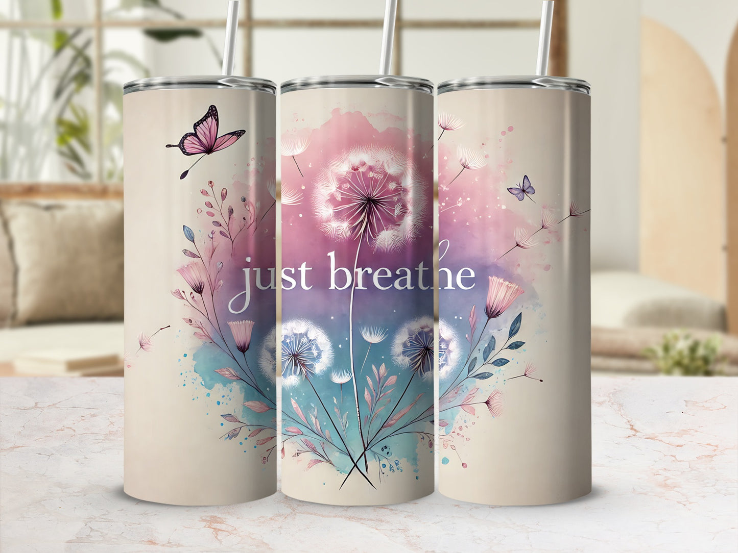 Watercolor Dandelion Butterfly Just Breathe Tumbler product type
