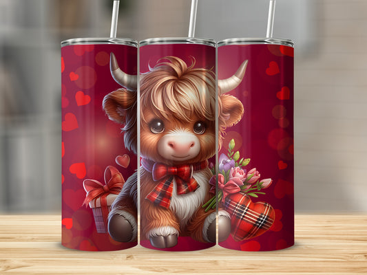 Cute Scottish Highland Cow with Hearts and Flowers Tumbler