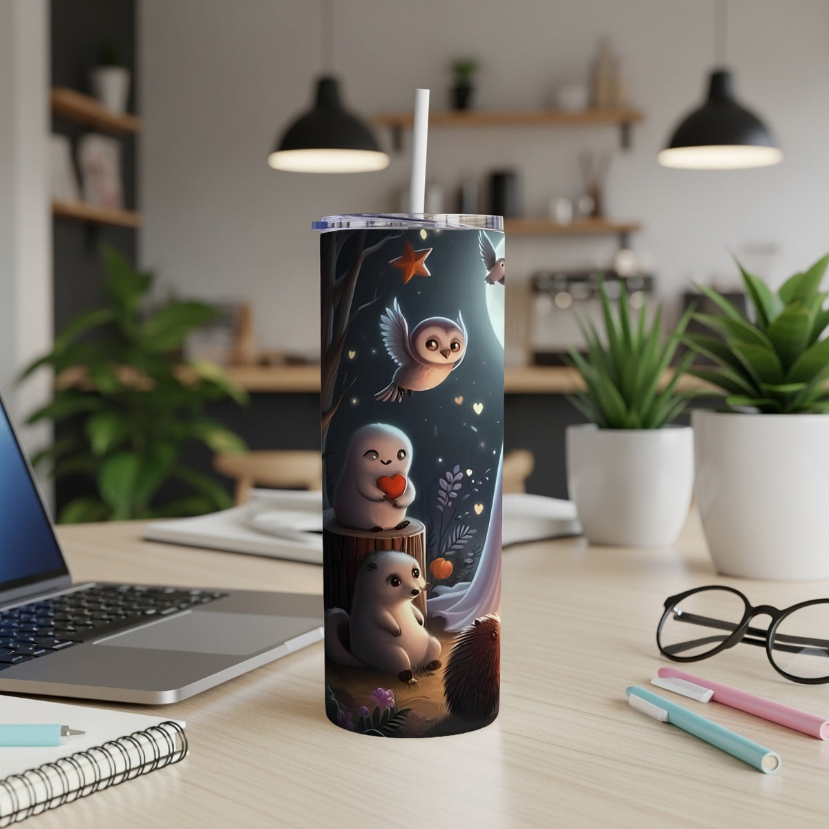 Tumbler with cartoon owl, ghost holding heart, and hamster under moonlit night sky.