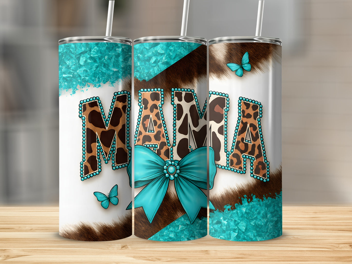 Mama tumbler with turquoise bow and cheetah print detail.