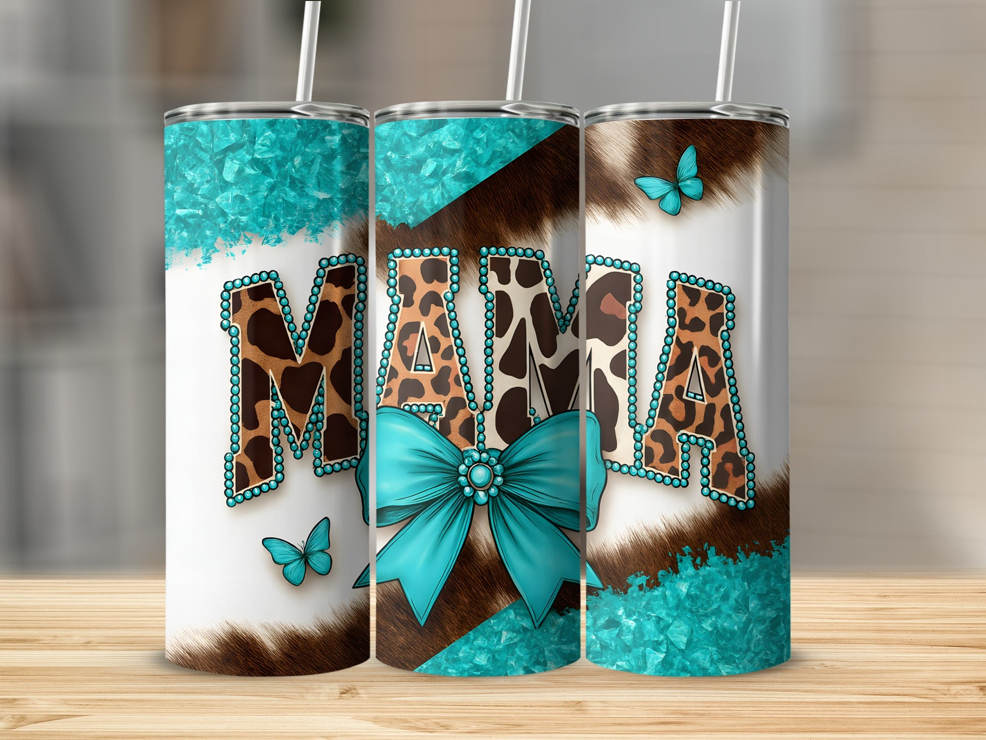 Mama tumbler with turquoise bow and cheetah print detail.