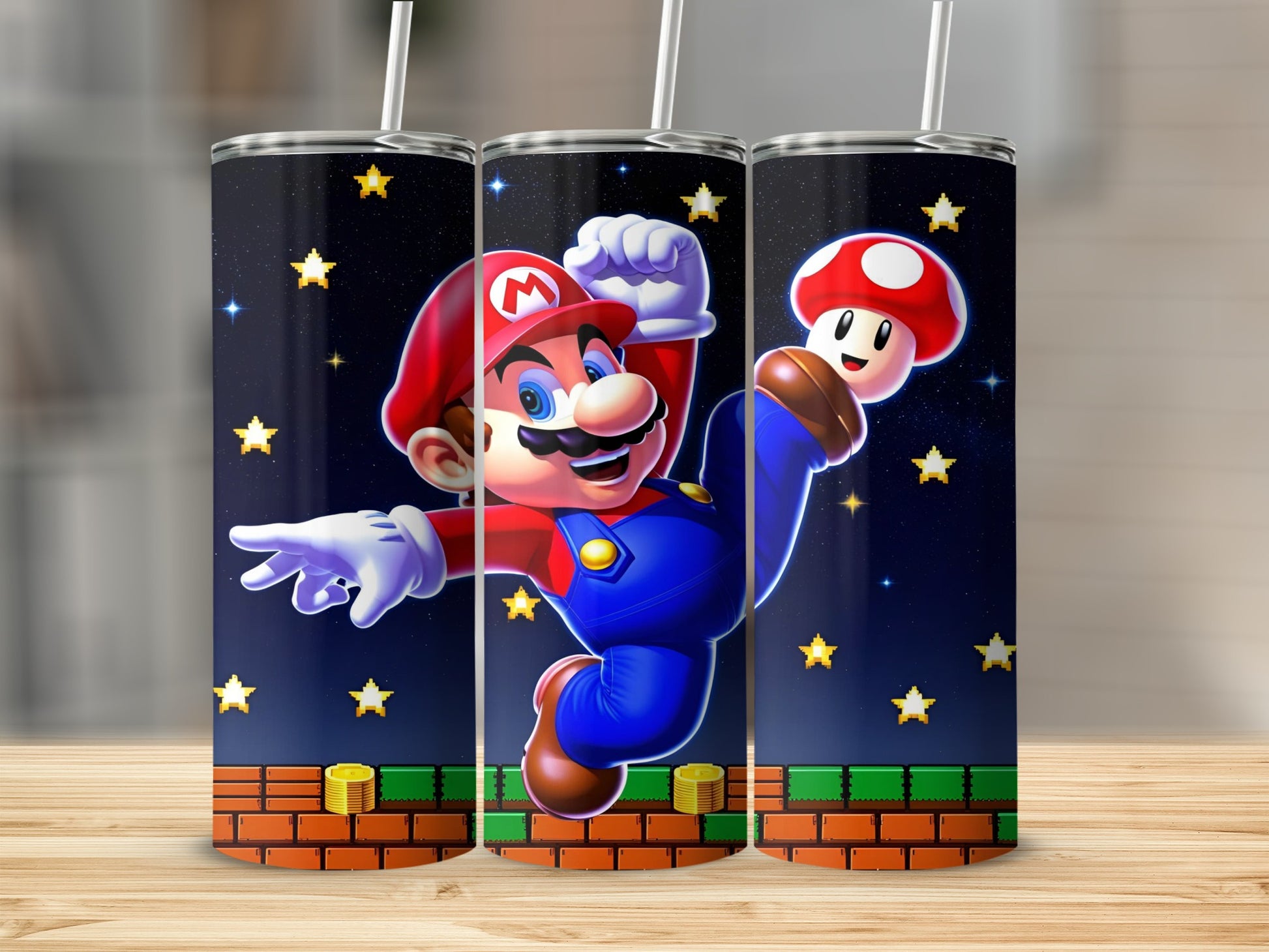 Mario jumping with Super Mushroom against starry background.