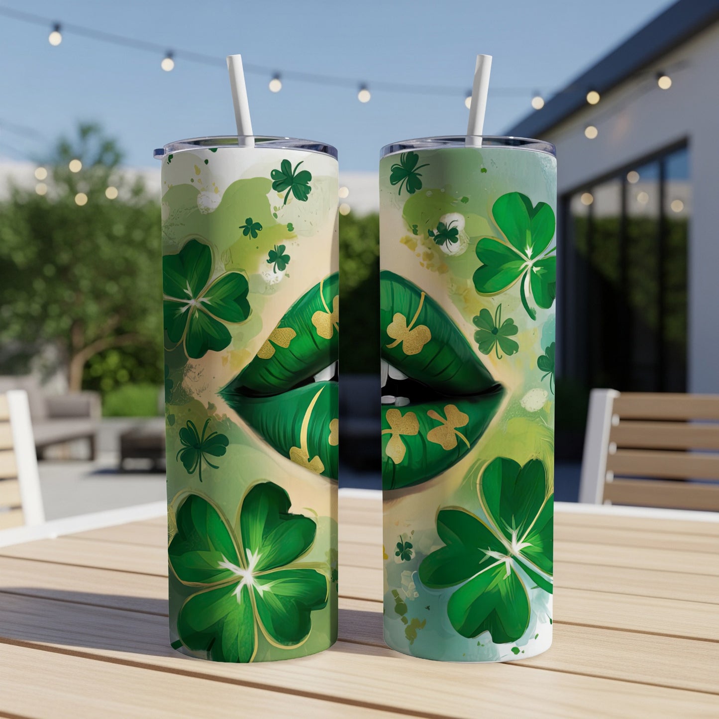 Green lips and shamrocks on a St. Patrick's Day themed tumbler.