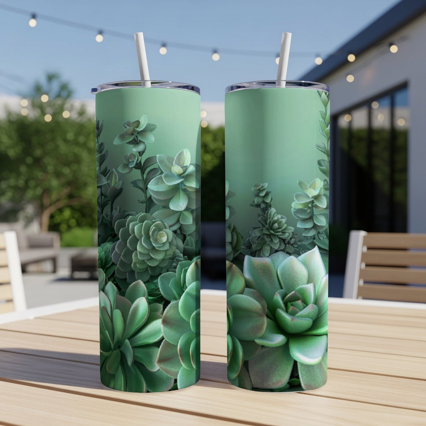 Two green tumblers with succulent plant designs on a wooden table outdoors.