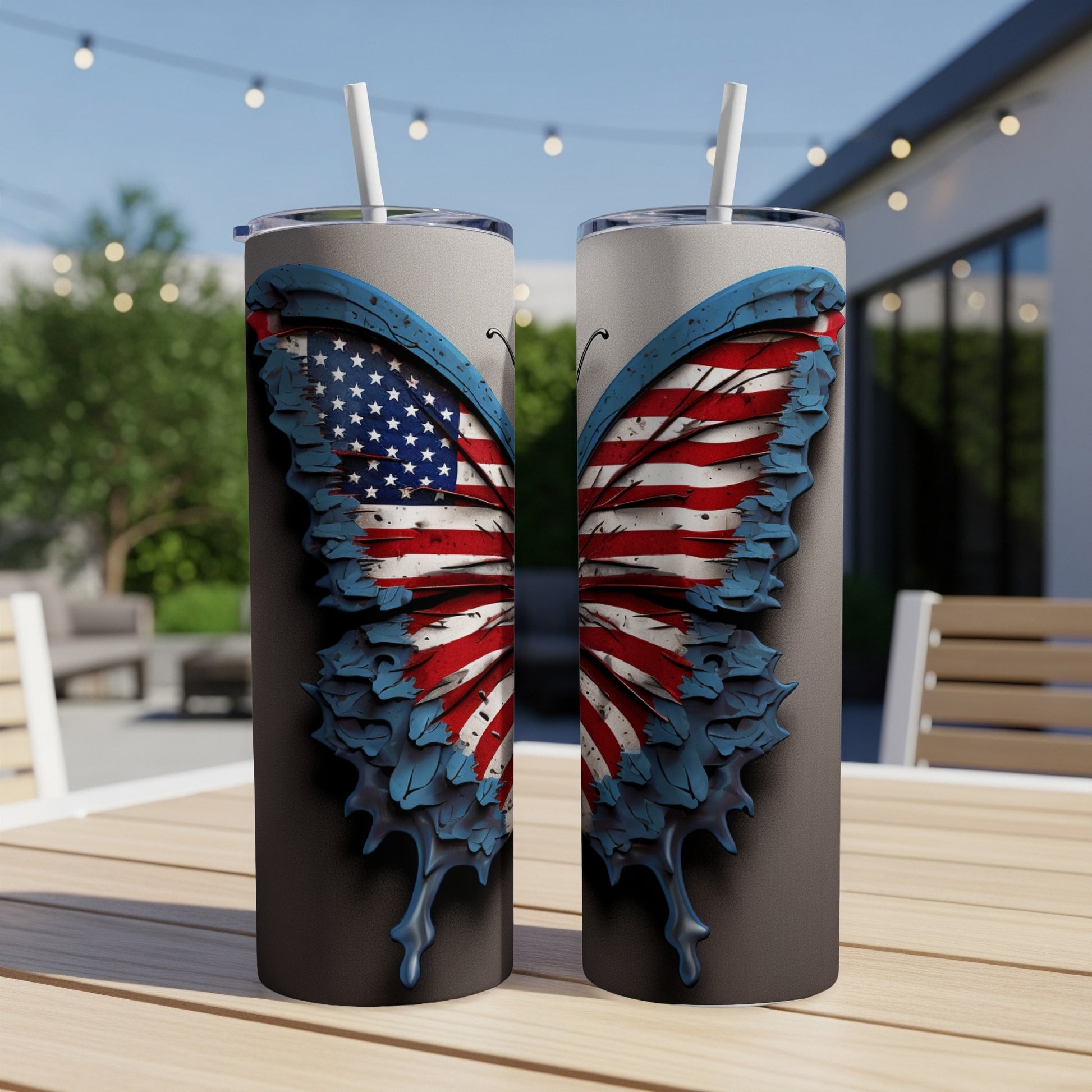 Two tumblers with American flag butterfly wings design.