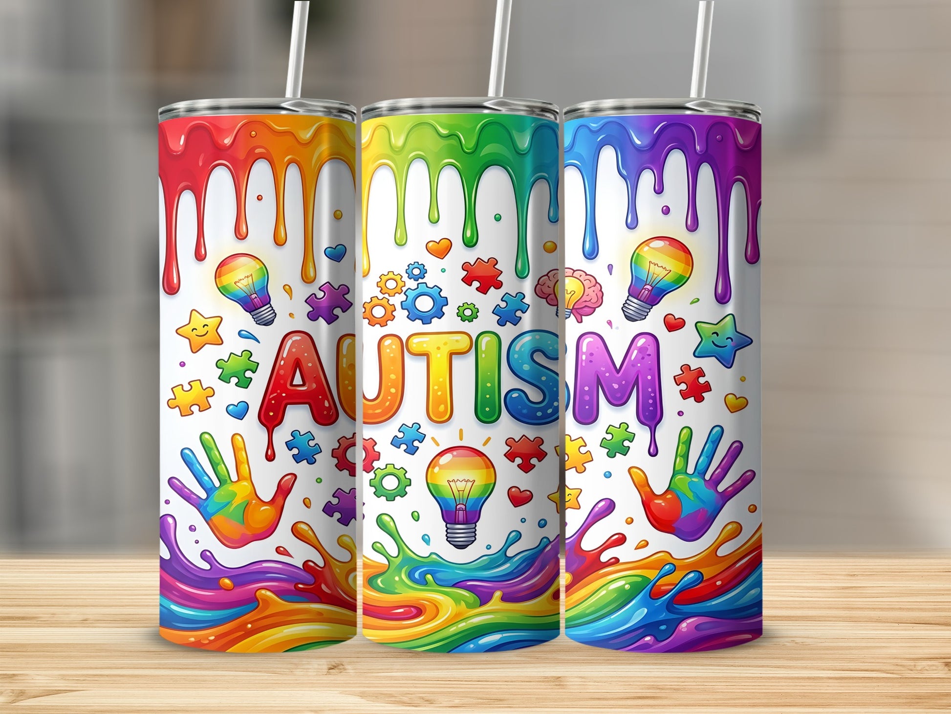 Three tumblers with colorful autism-themed designs featuring drips and lightbulbs.