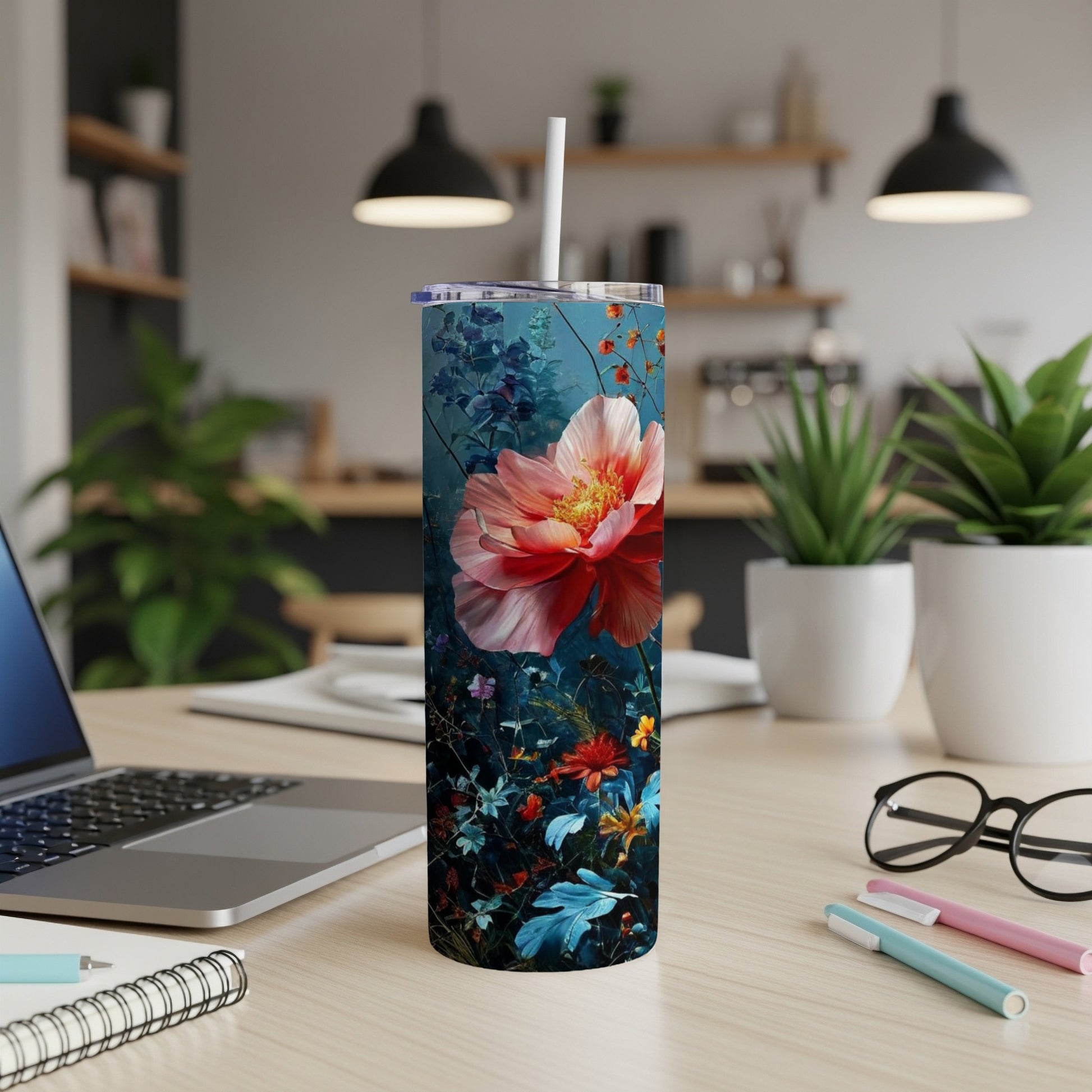 Tumbler featuring a vibrant pink peony and blue floral pattern.