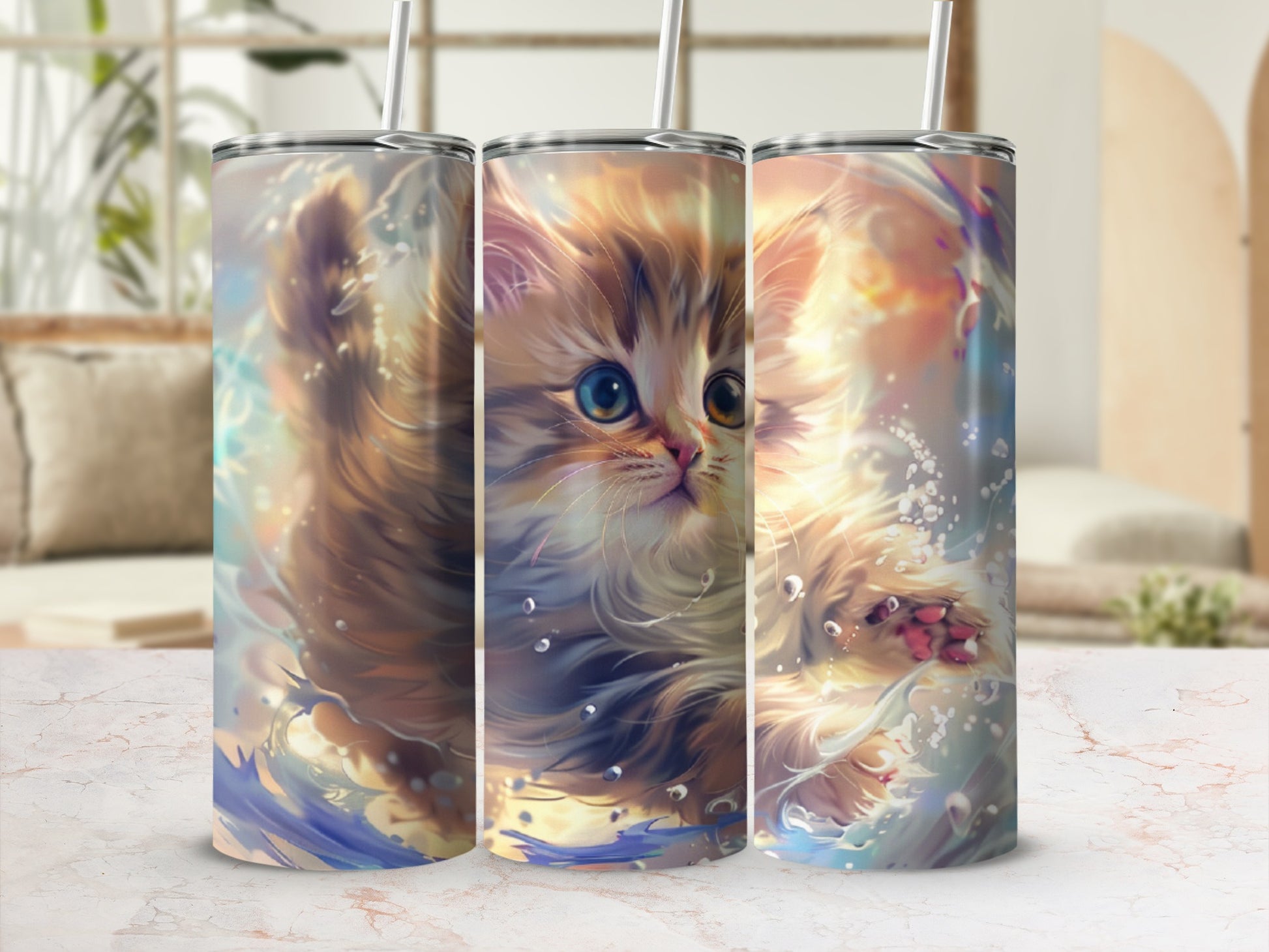 Fluffy kitten with blue eyes emerging from water and bubbles.