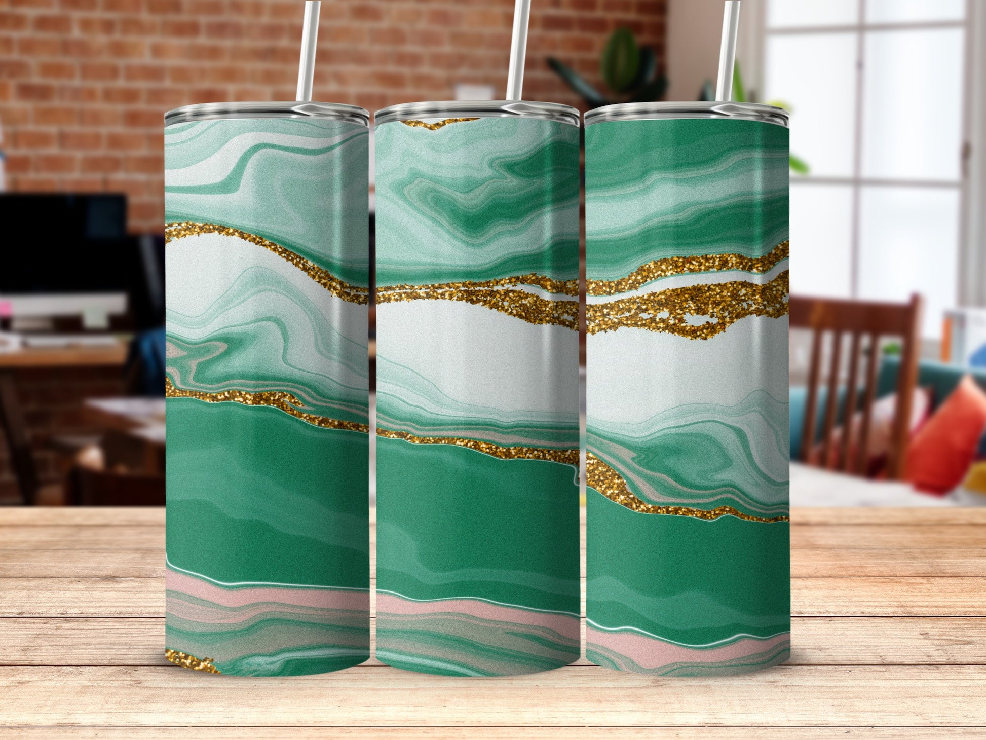 Green Marble and Gold Sparkle Tumbler Design