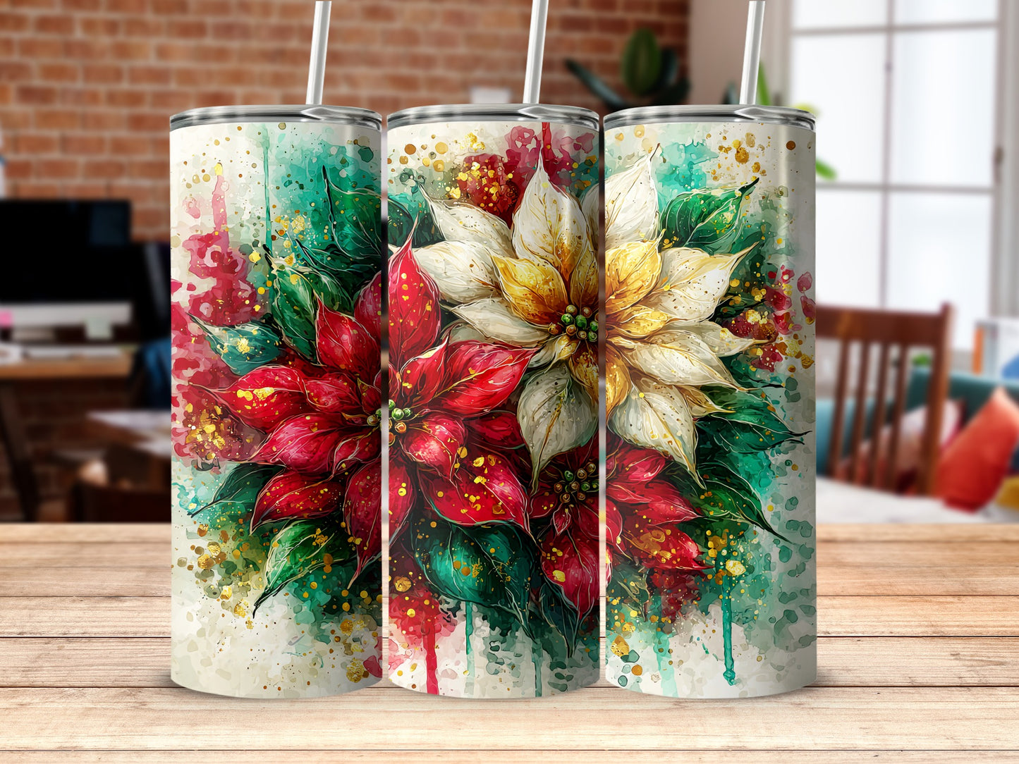 Festive Holiday Poinsettia Floral Insulated Tumbler