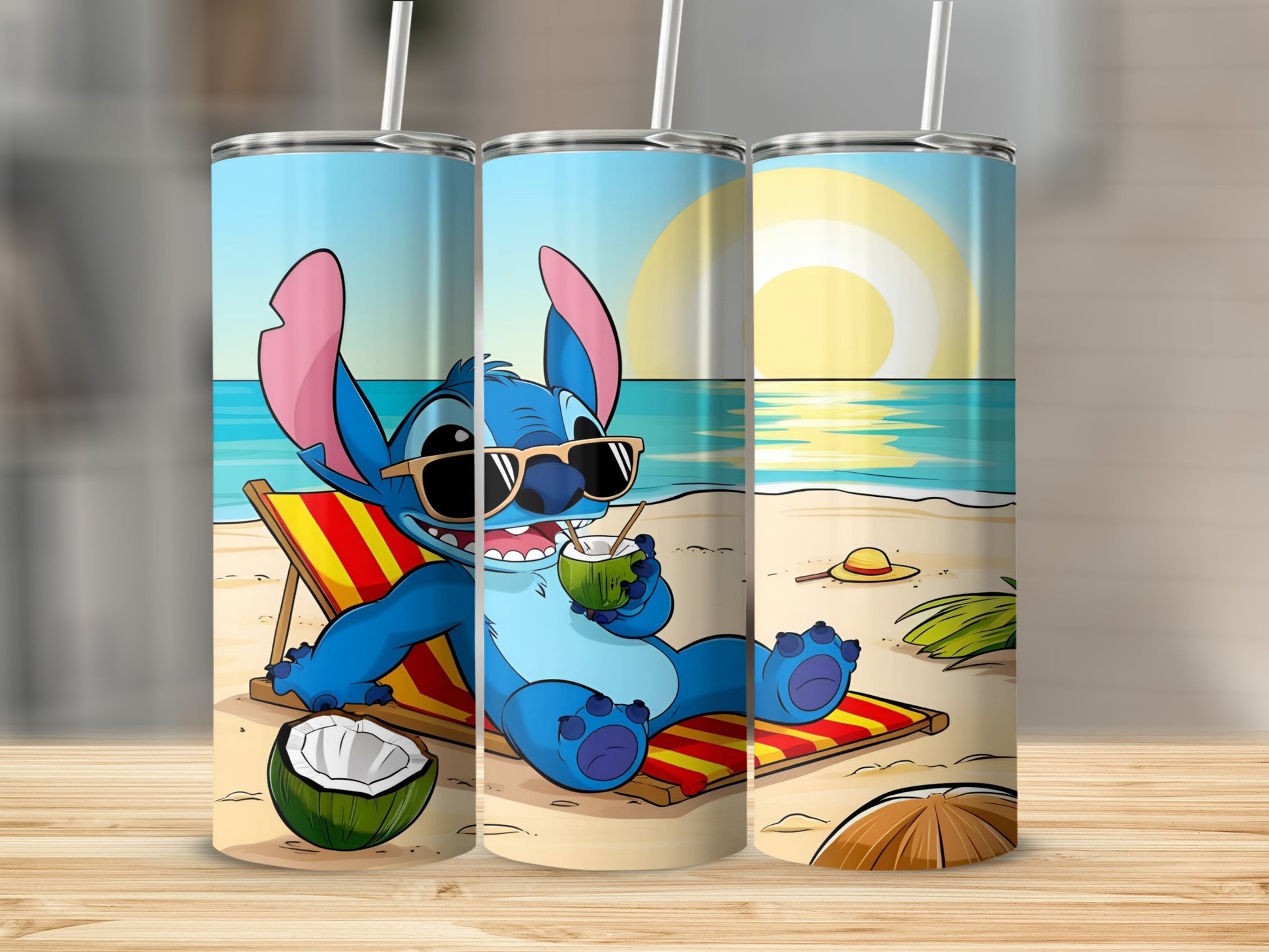 Stitch wearing sunglasses drinks from a coconut on a beach.