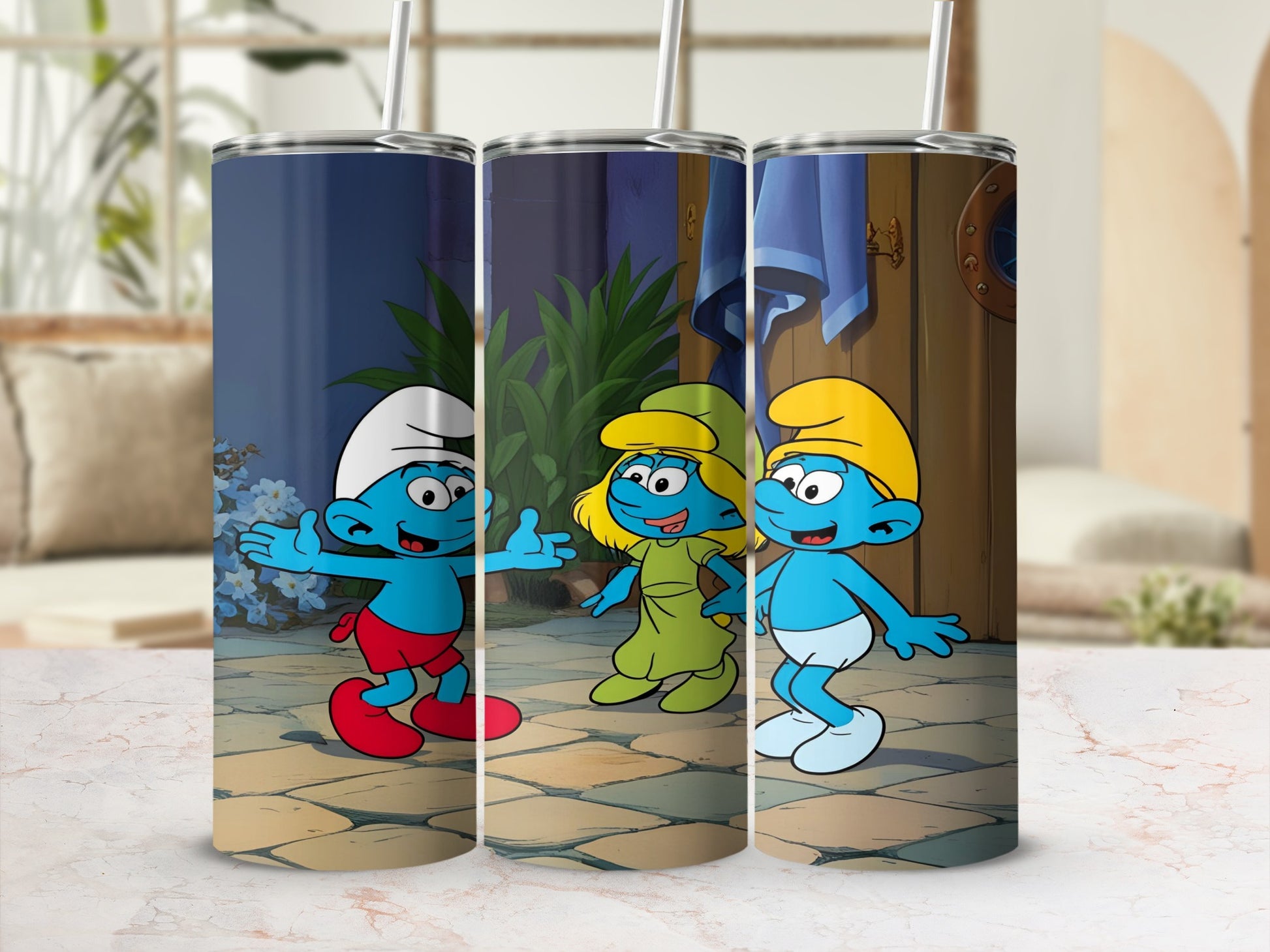 Smurfs in red shorts and Smurfette in green dress on tiled floor.