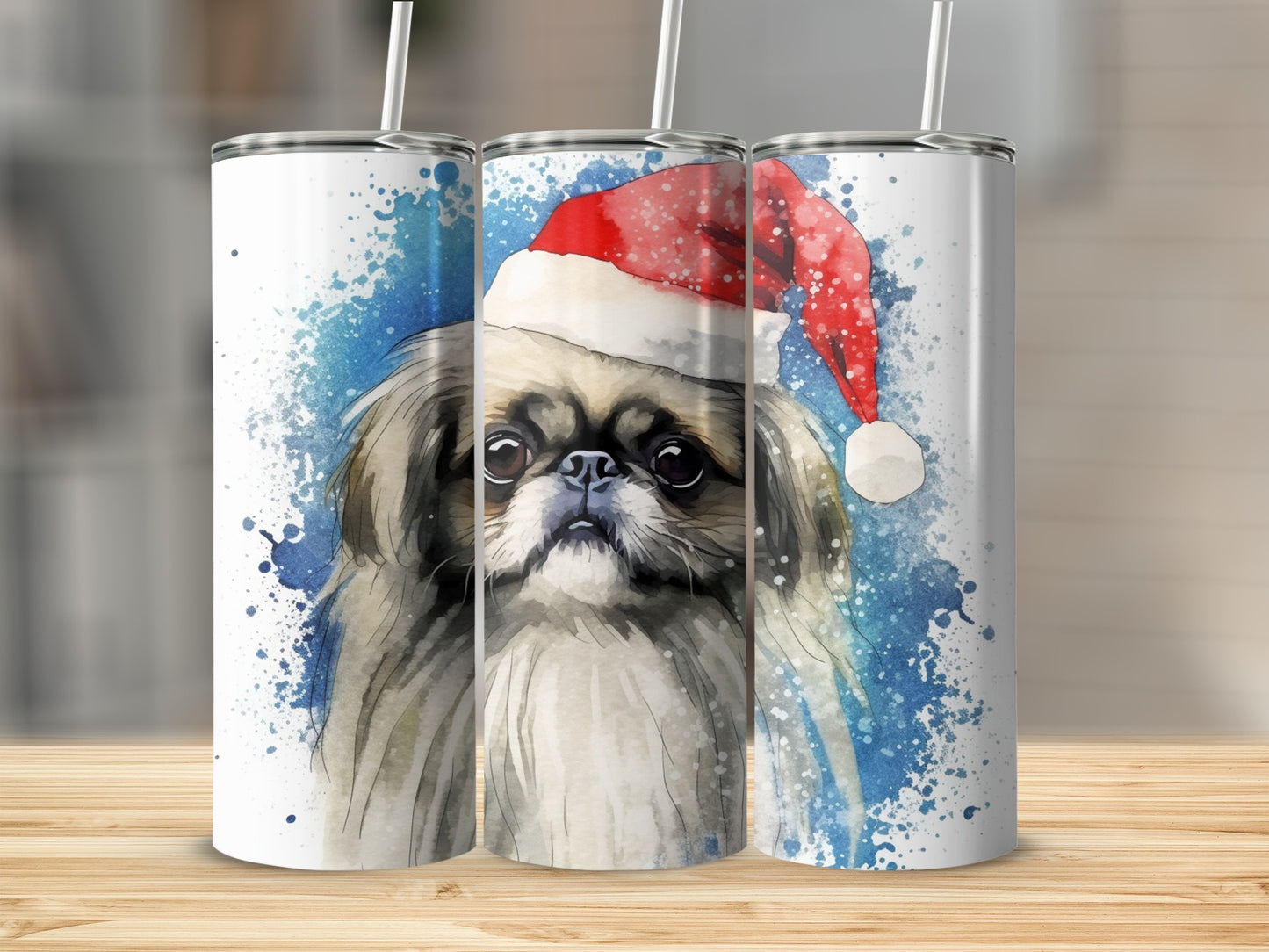 Watercolor Pekingese dog wearing a Santa hat on a tumbler.