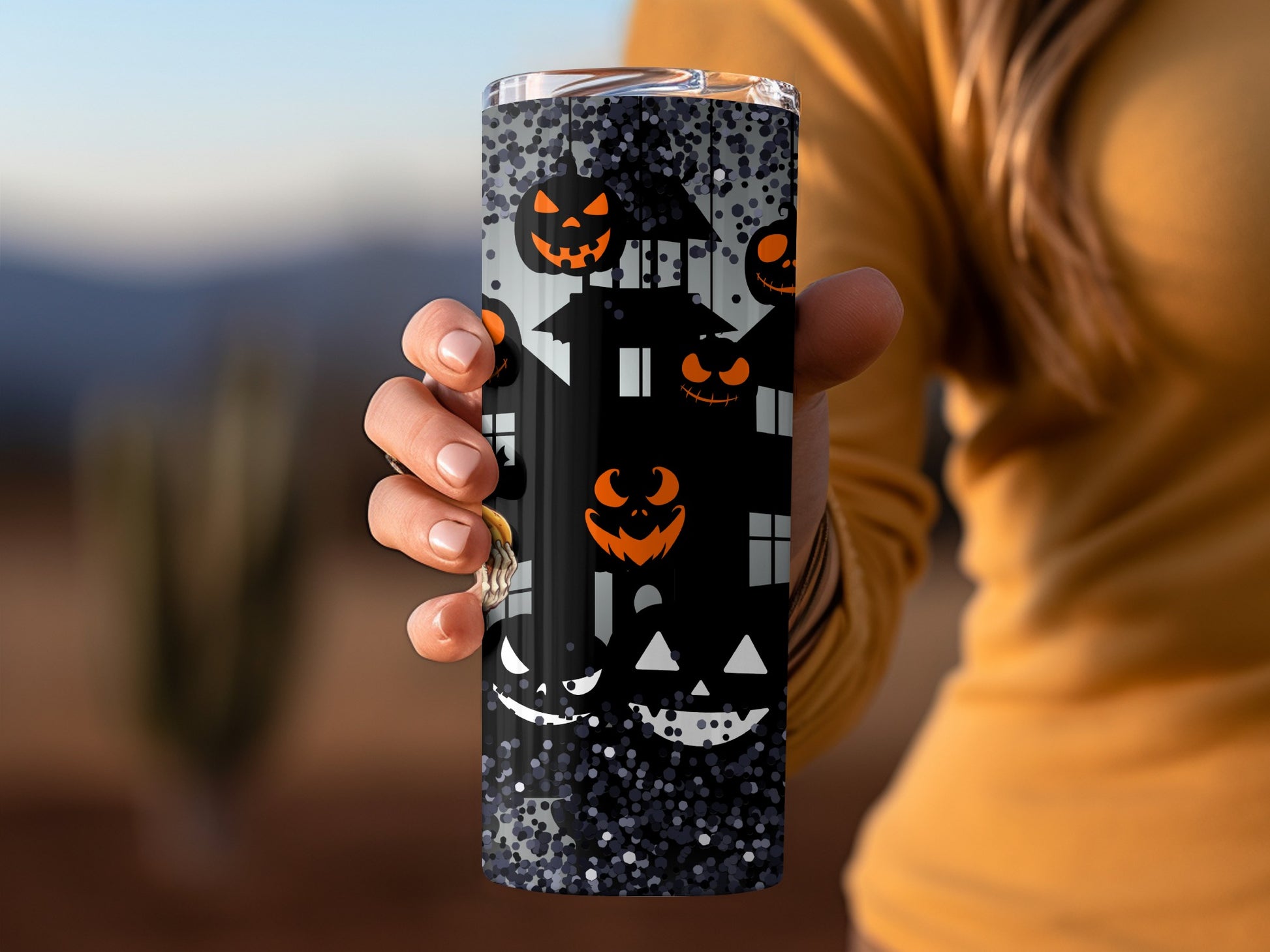 Halloween Haunted House and Pumpkins Themed Tumbler