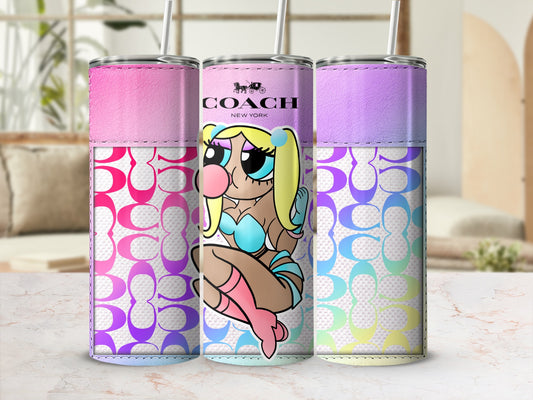 Three tumblers with Coach logo pattern and cartoon character designs.