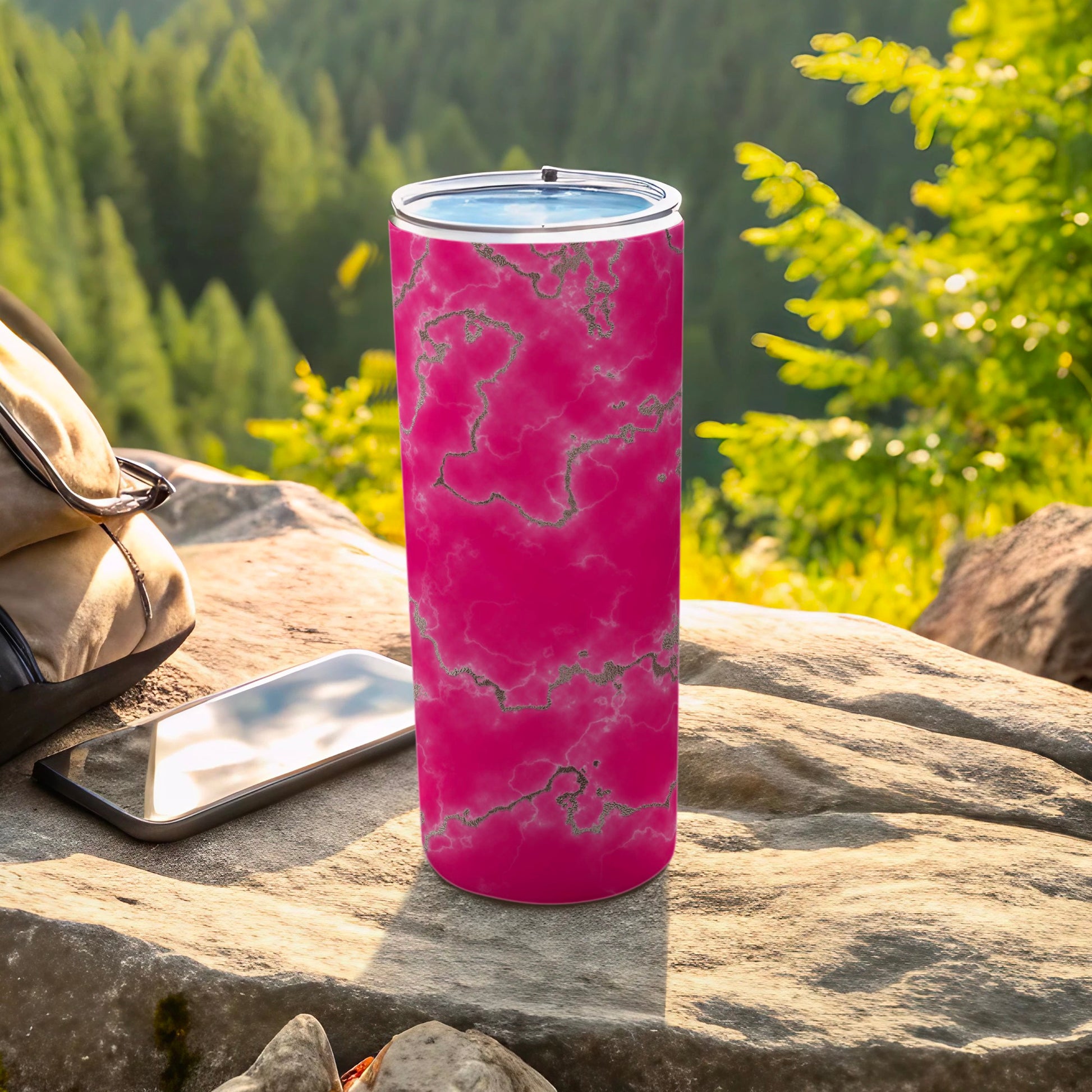 Bright Fuchsia Glitter Marble Design Tumbler