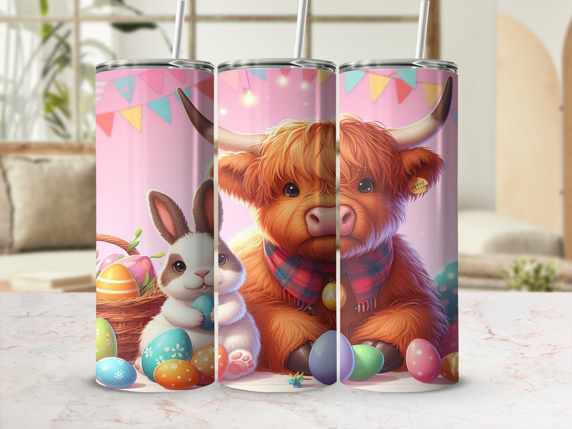 Easter bunny and Highland cow with colorful eggs and bunting.