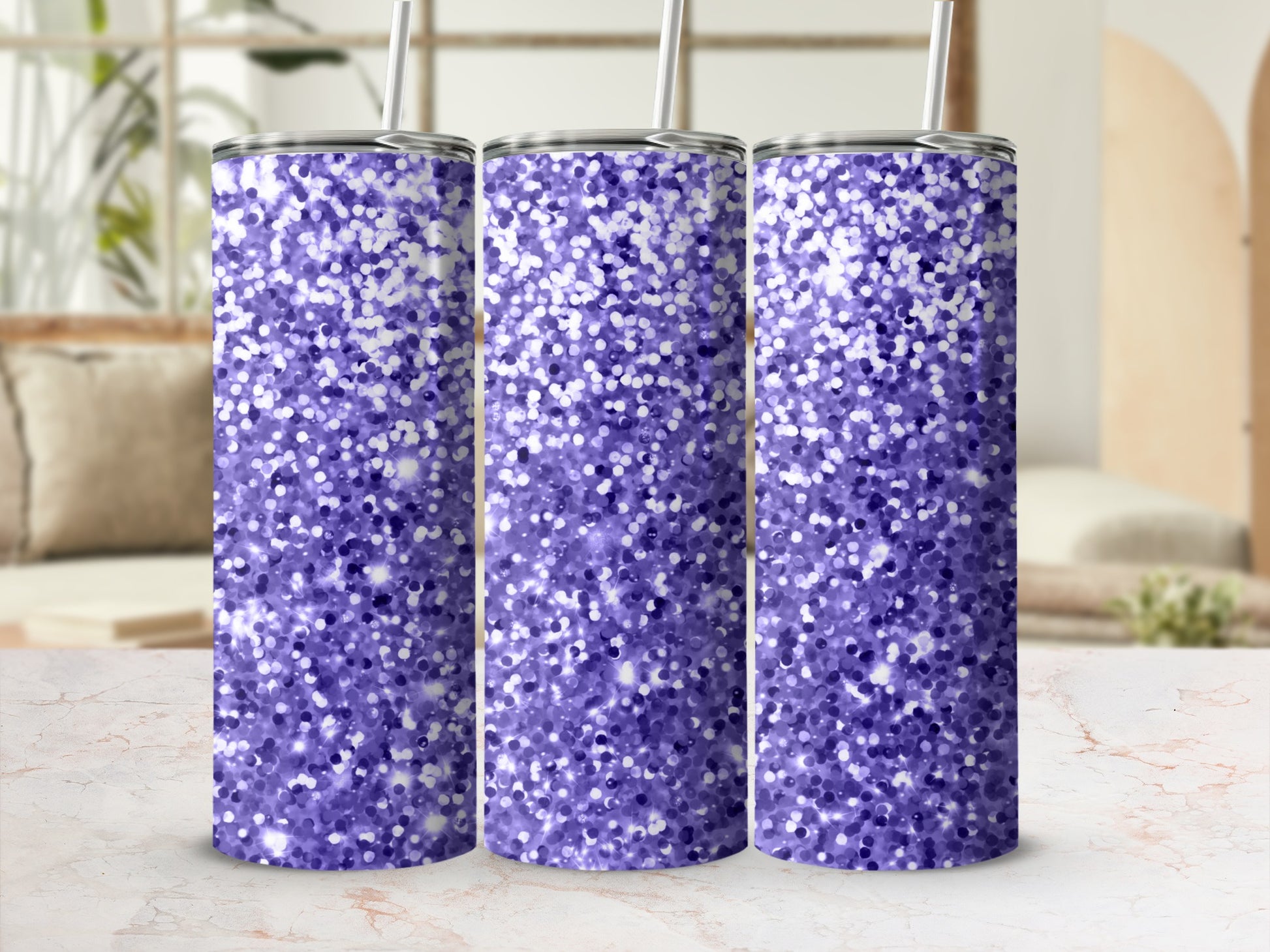 Purple and White Glitter Confetti Drink Tumbler