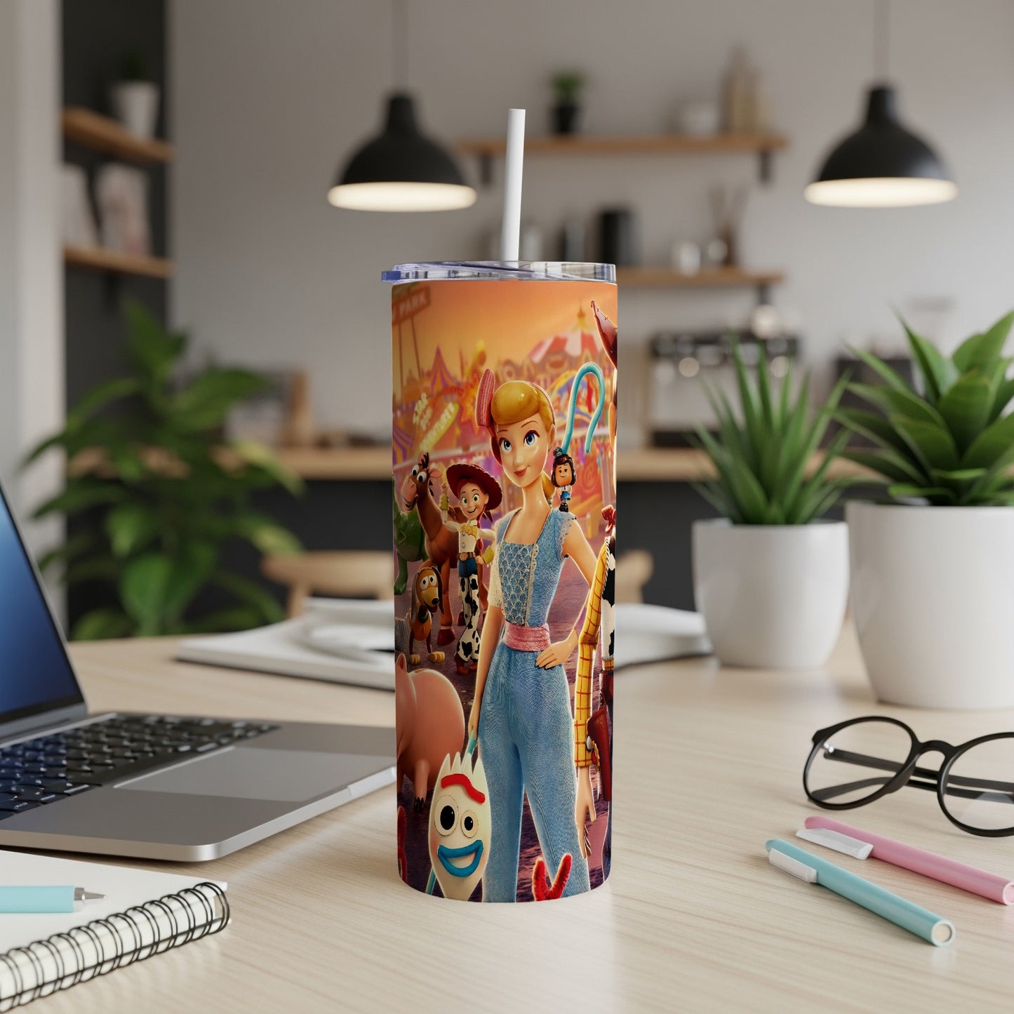 Bo Peep and Forky from Toy Story on a colorful tumbler cup.